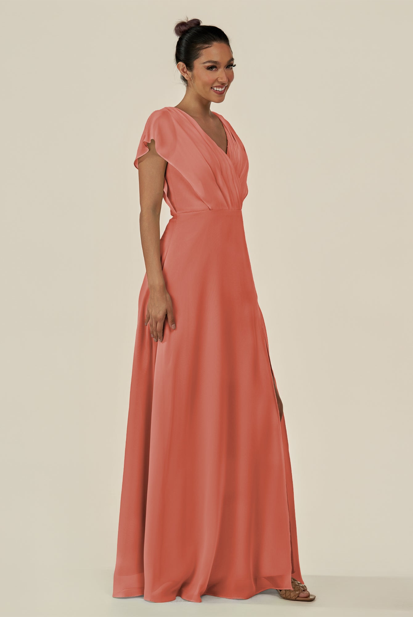 KissDress-Aven Wild Rose A Line Chiffon Cap Sleeves V Neck Pleated Long Bridesmaid Dress with Slit