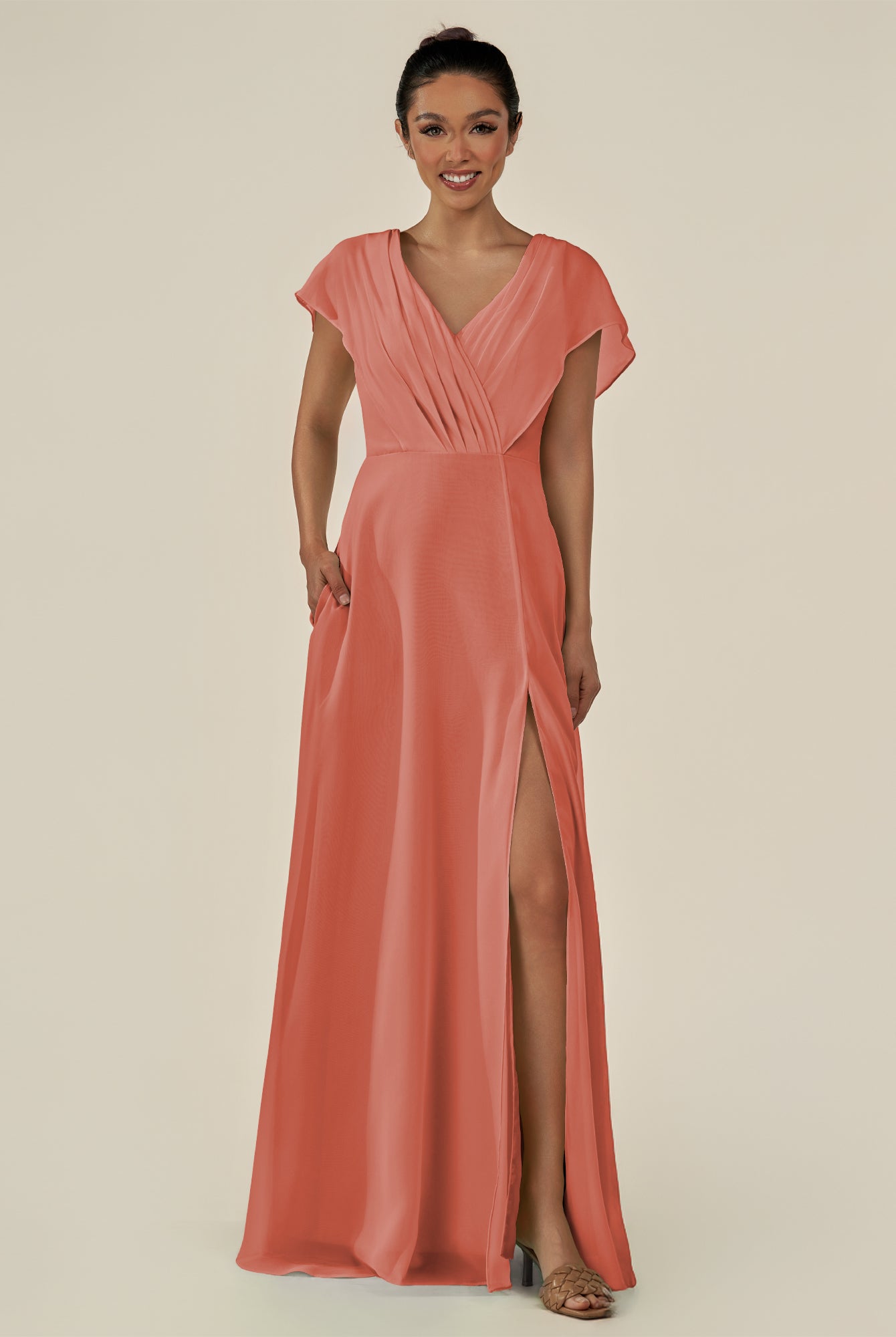 KissDress-Aven Wild Rose A Line Chiffon Cap Sleeves V Neck Pleated Long Bridesmaid Dress with Slit