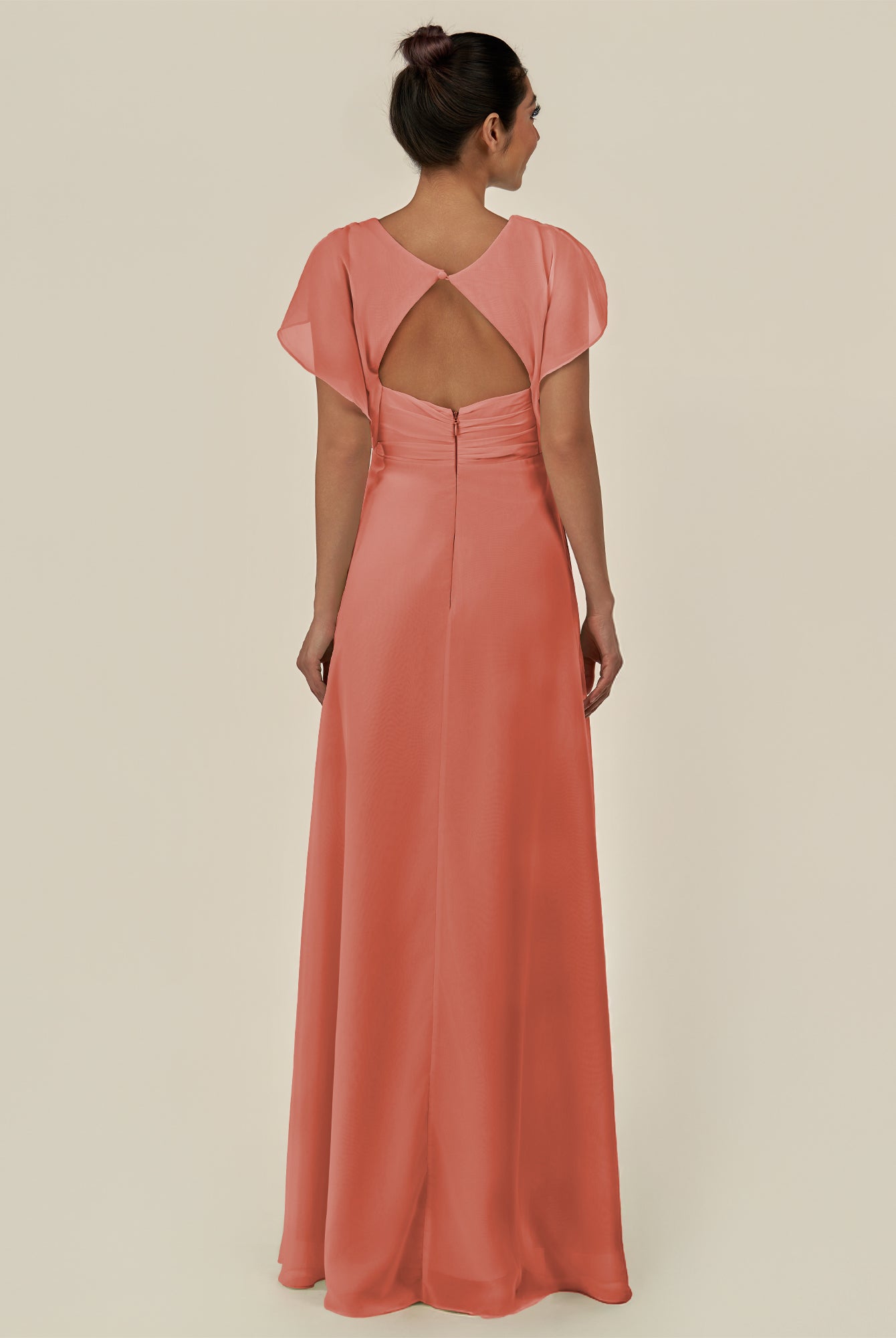 KissDress-Aven Wild Rose A Line Chiffon Cap Sleeves V Neck Pleated Long Bridesmaid Dress with Slit