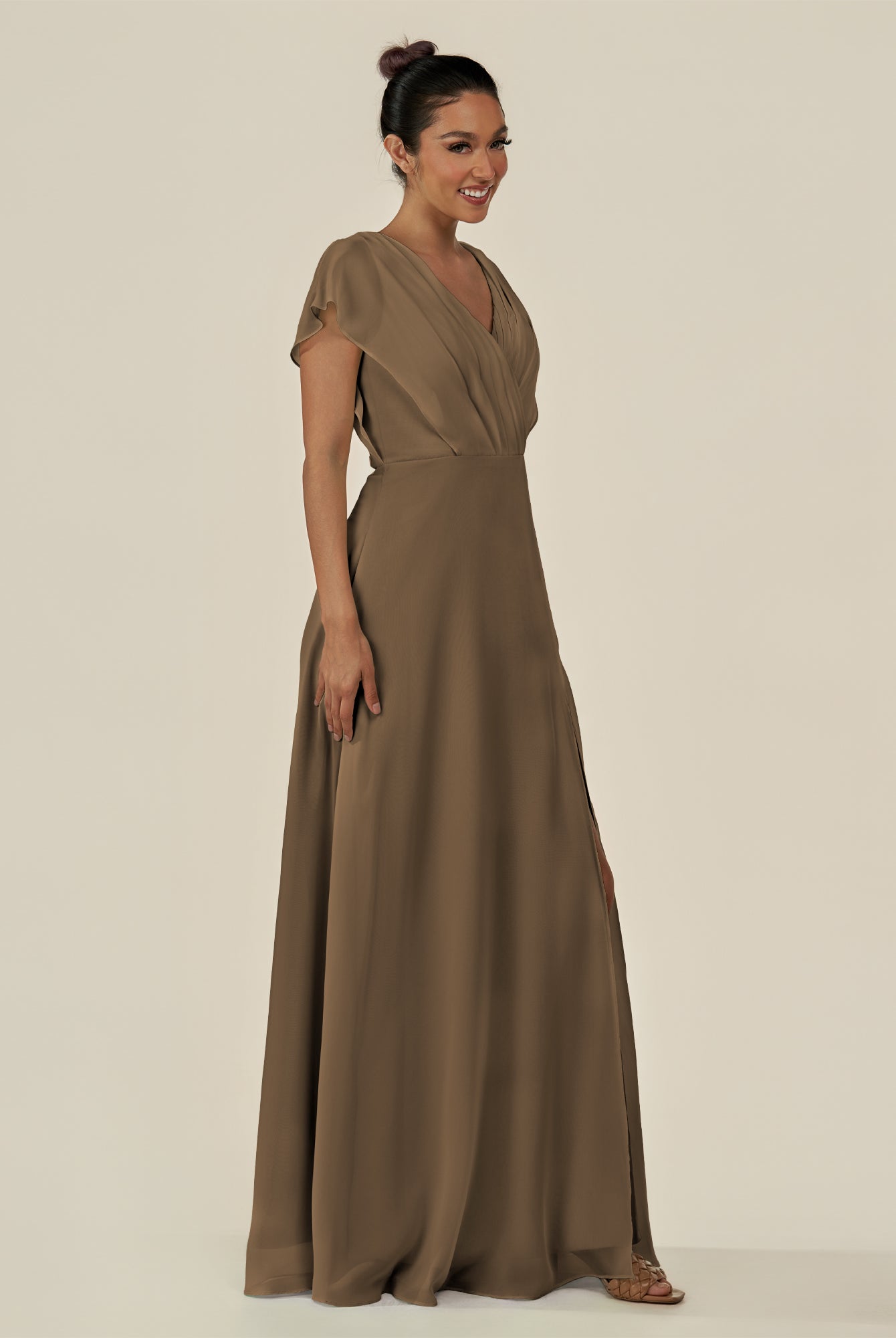KissDress-Aven Willow Green A Line Chiffon Cap Sleeves V Neck Pleated Long Bridesmaid Dress with Slit