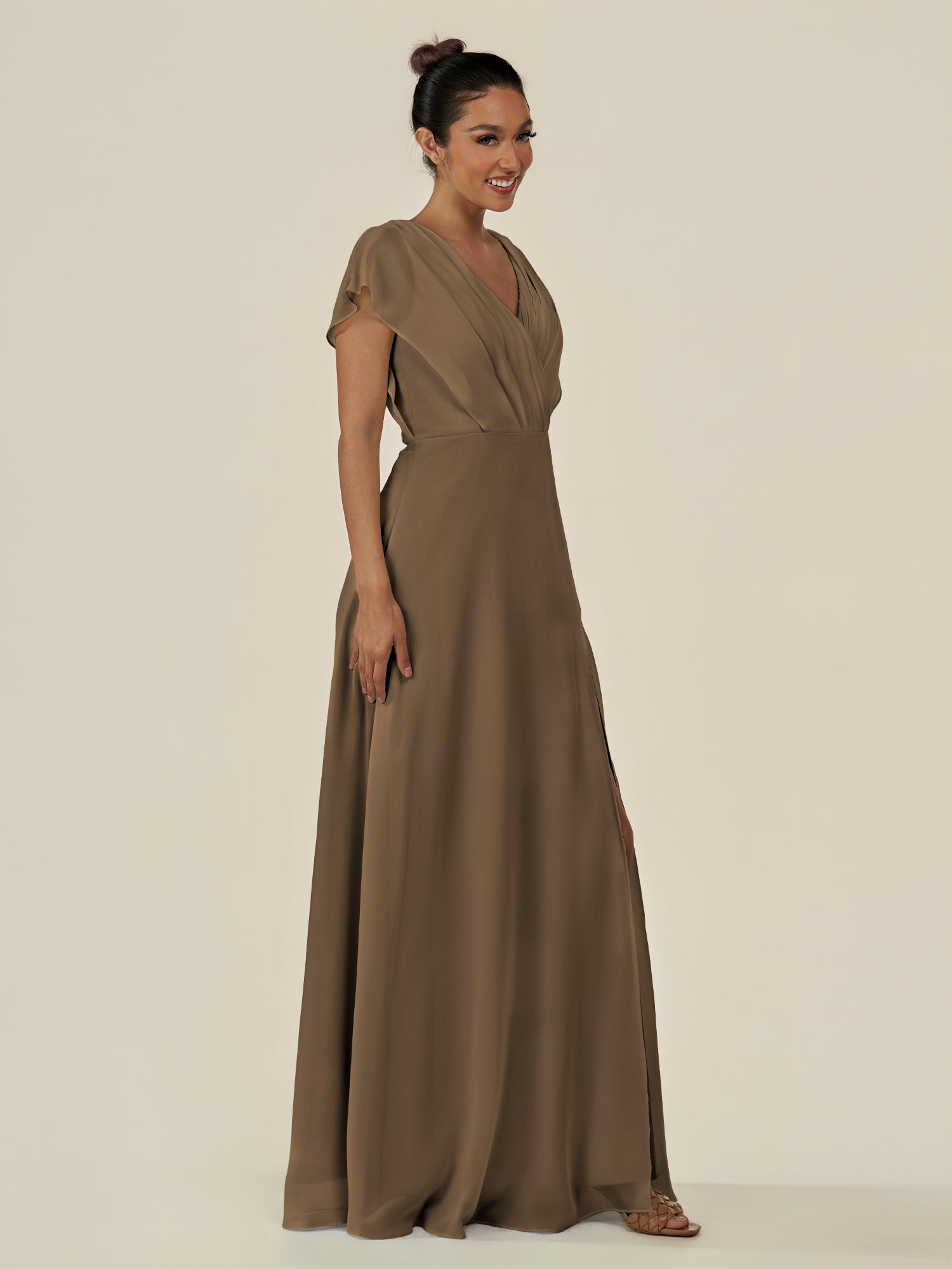 KissDress-Aven Willow Green A Line Chiffon Cap Sleeves V Neck Pleated Long Bridesmaid Dress with Slit