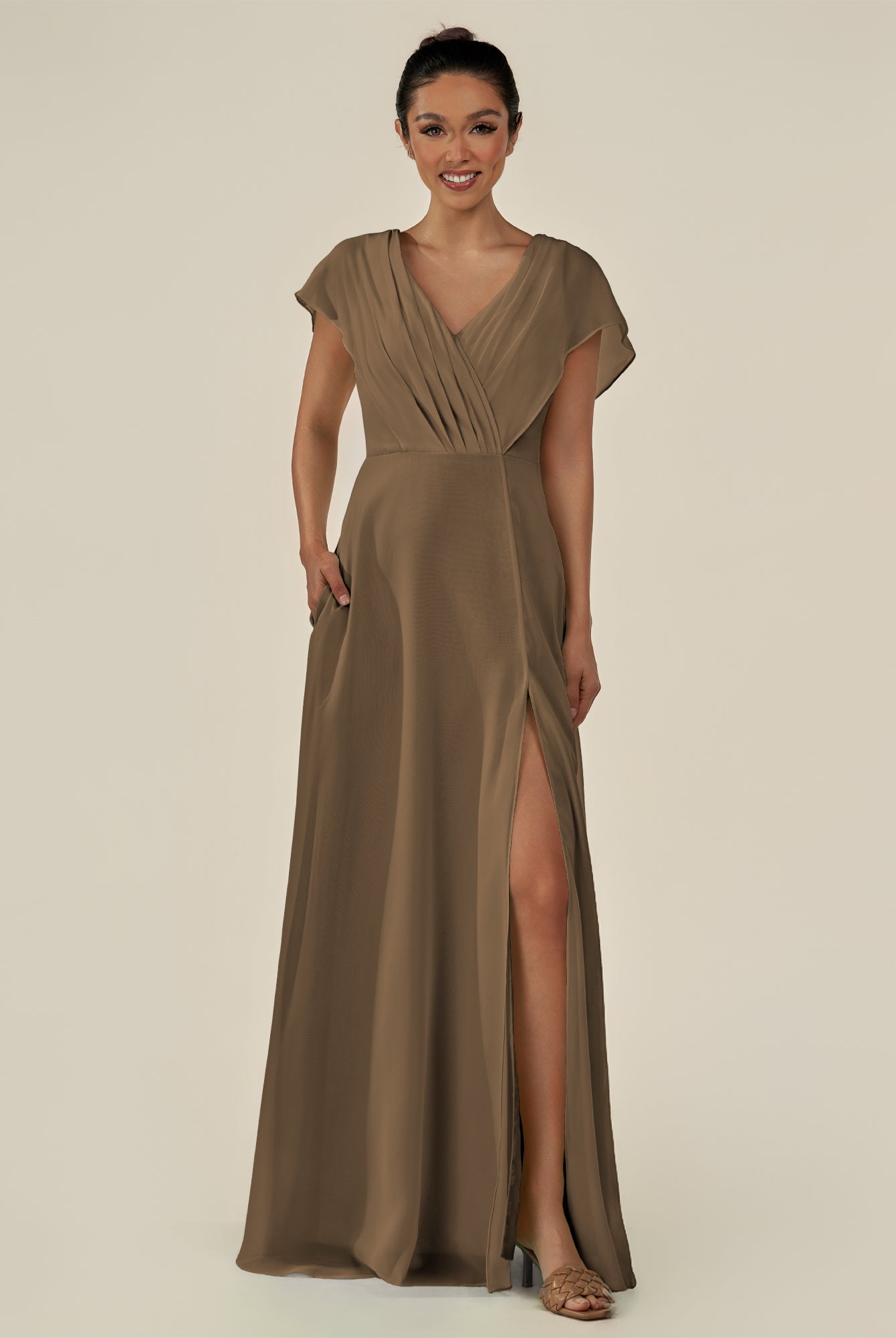 KissDress-Aven Willow Green A Line Chiffon Cap Sleeves V Neck Pleated Long Bridesmaid Dress with Slit