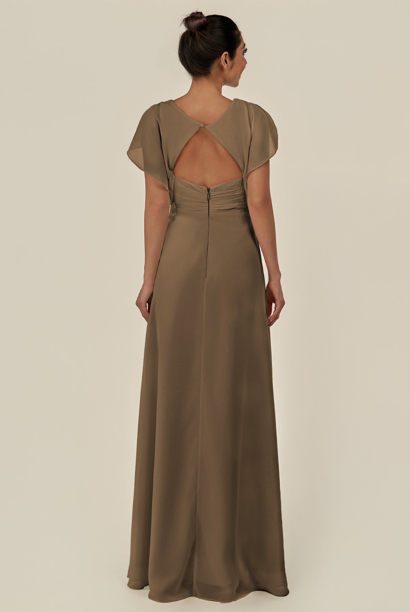 KissDress-Aven Willow Green A Line Chiffon Cap Sleeves V Neck Pleated Long Bridesmaid Dress with Slit