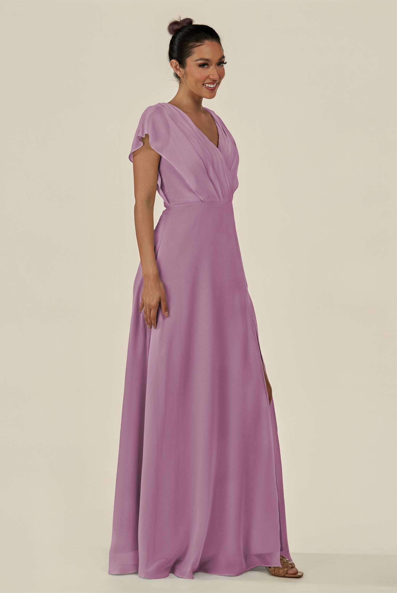 KissDress-Aven Wisteria A Line Chiffon Cap Sleeves V Neck Pleated Long Bridesmaid Dress with Slit
