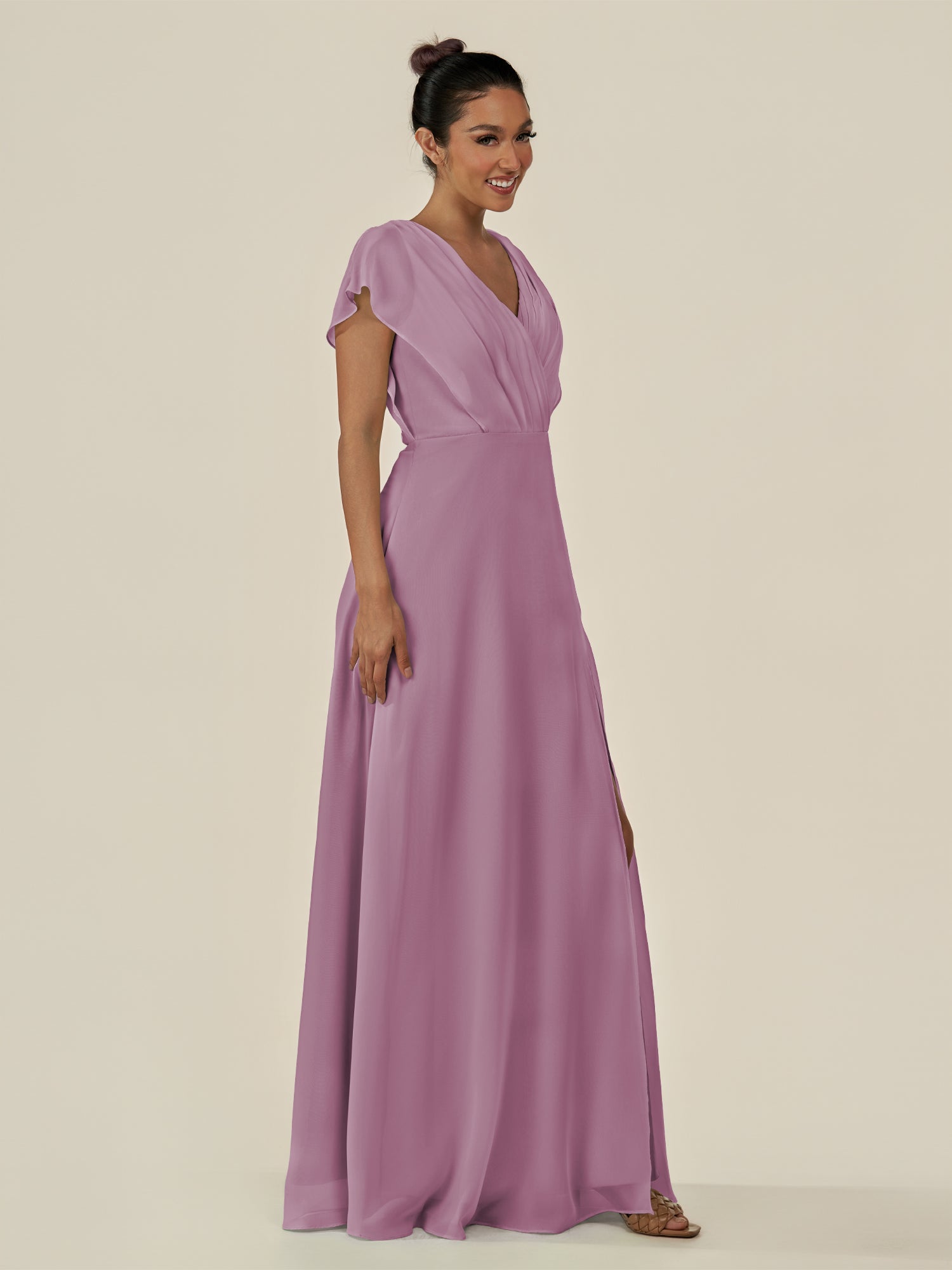 KissDress-Aven Wisteria A Line Chiffon Cap Sleeves V Neck Pleated Long Bridesmaid Dress with Slit