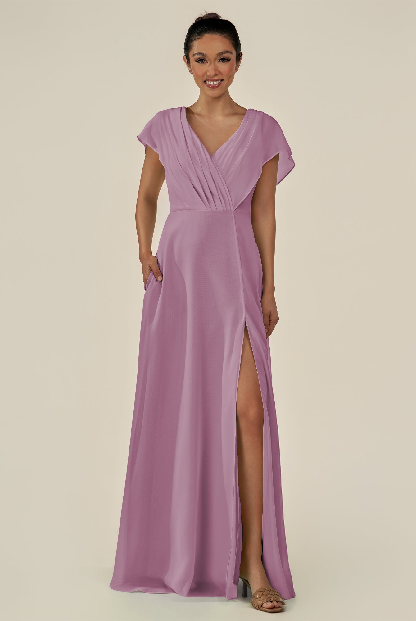 KissDress-Aven Wisteria A Line Chiffon Cap Sleeves V Neck Pleated Long Bridesmaid Dress with Slit