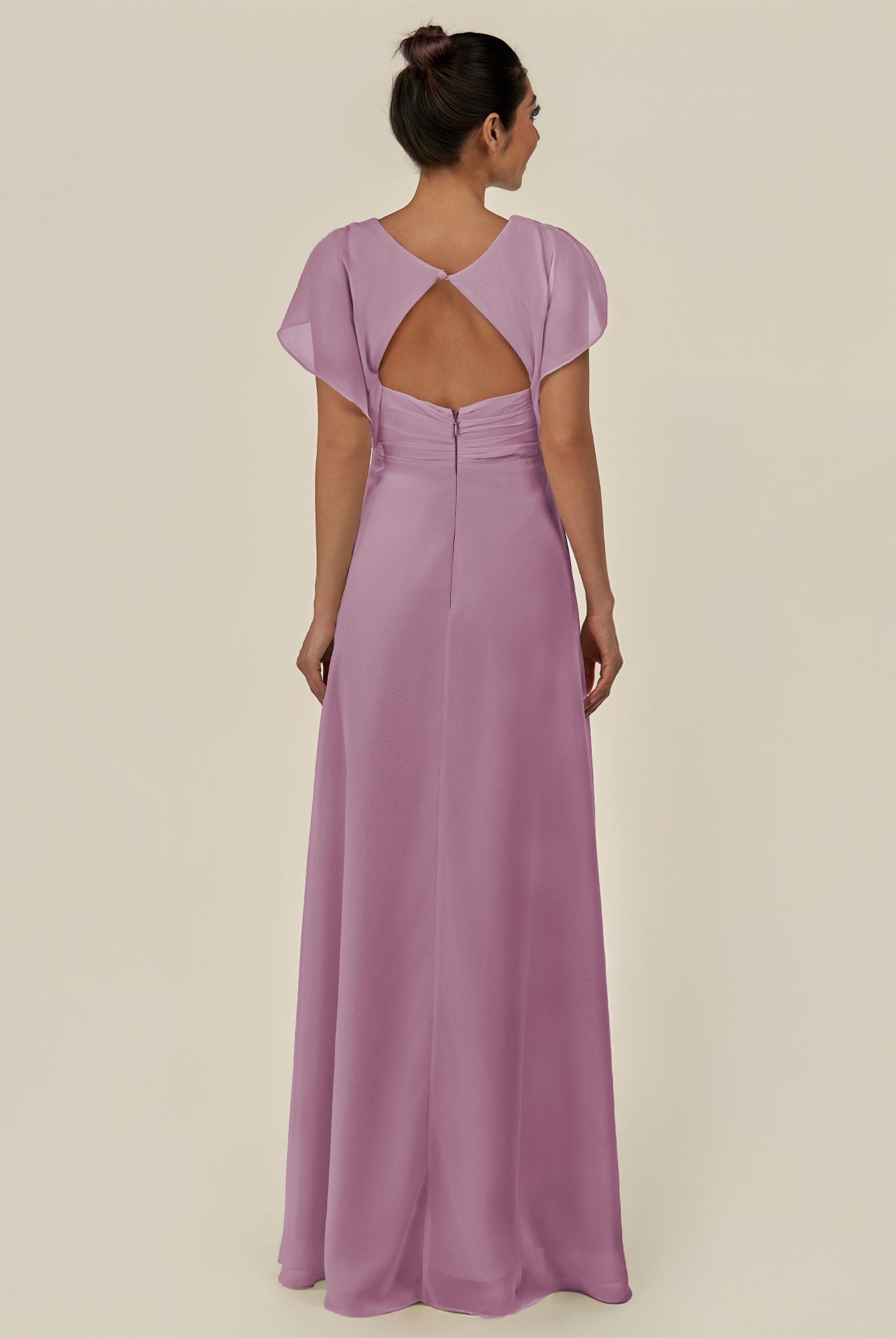 KissDress-Aven Wisteria A Line Chiffon Cap Sleeves V Neck Pleated Long Bridesmaid Dress with Slit