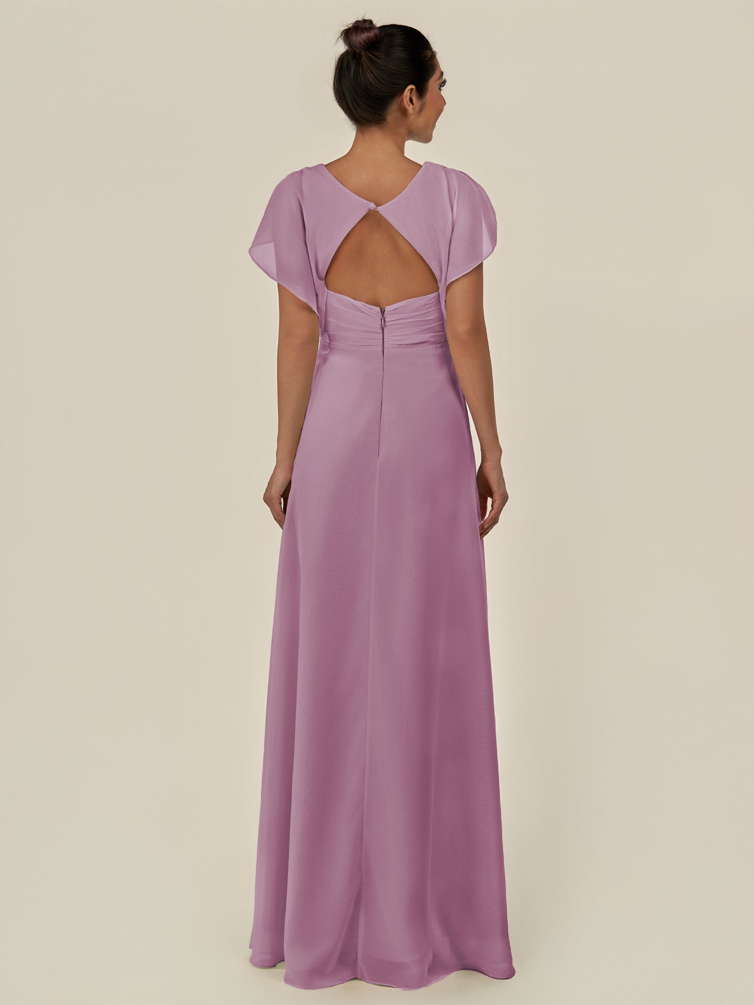 KissDress-Aven Wisteria A Line Chiffon Cap Sleeves V Neck Pleated Long Bridesmaid Dress with Slit