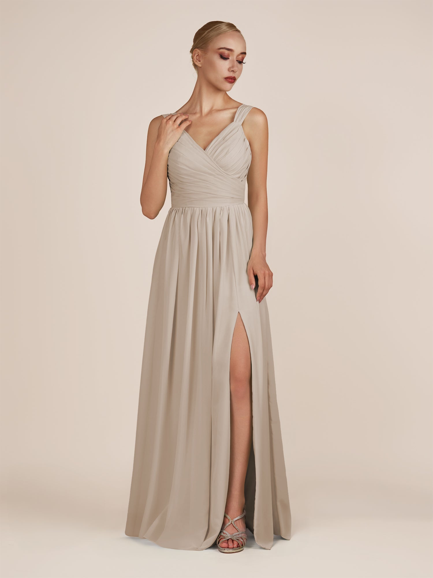 KissDress-Azura Almond A-Line V Neck Chiffon Pleated Long Bridesmaid Dress with Slit