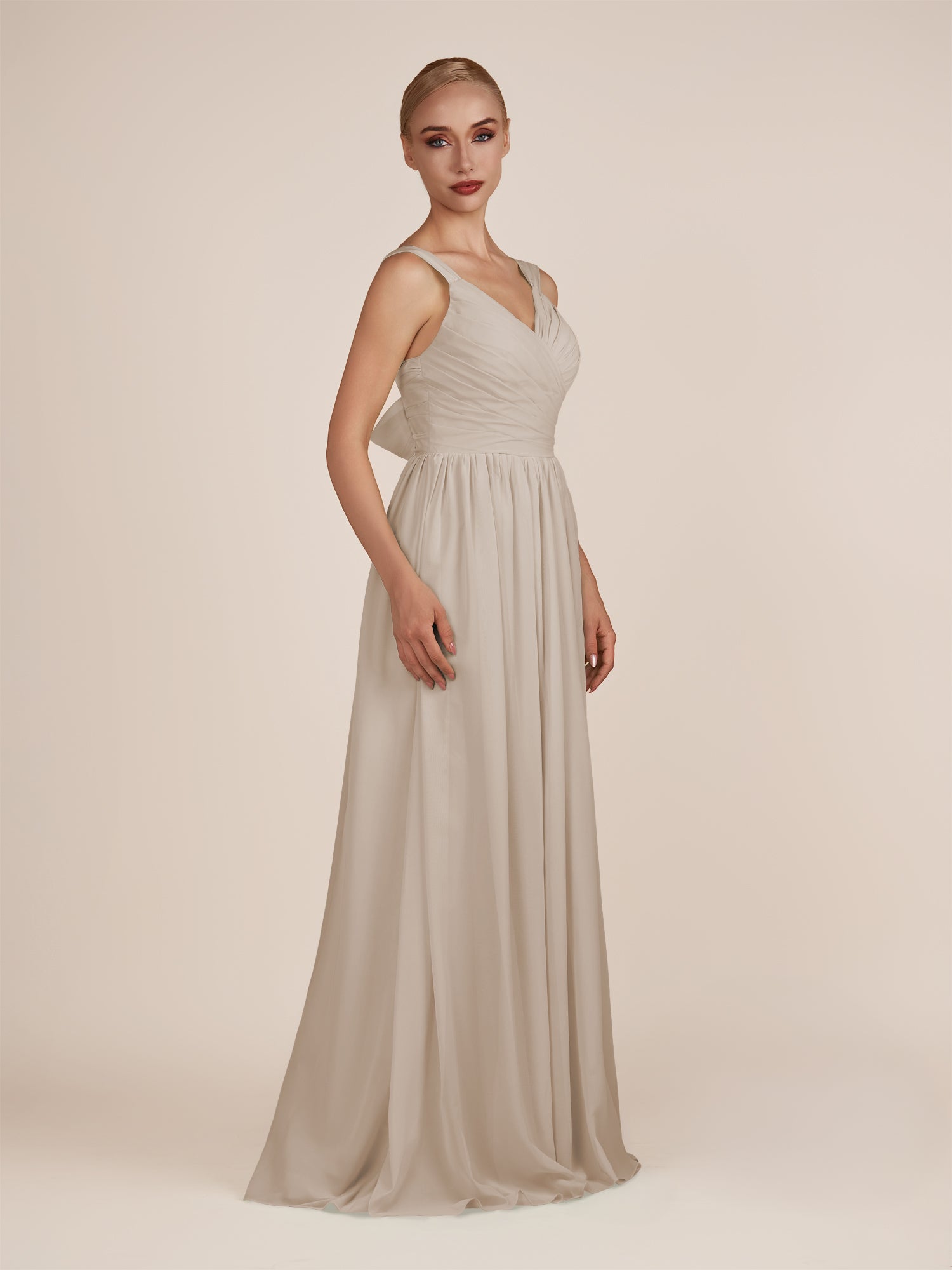 KissDress-Azura Almond A-Line V Neck Chiffon Pleated Long Bridesmaid Dress with Slit