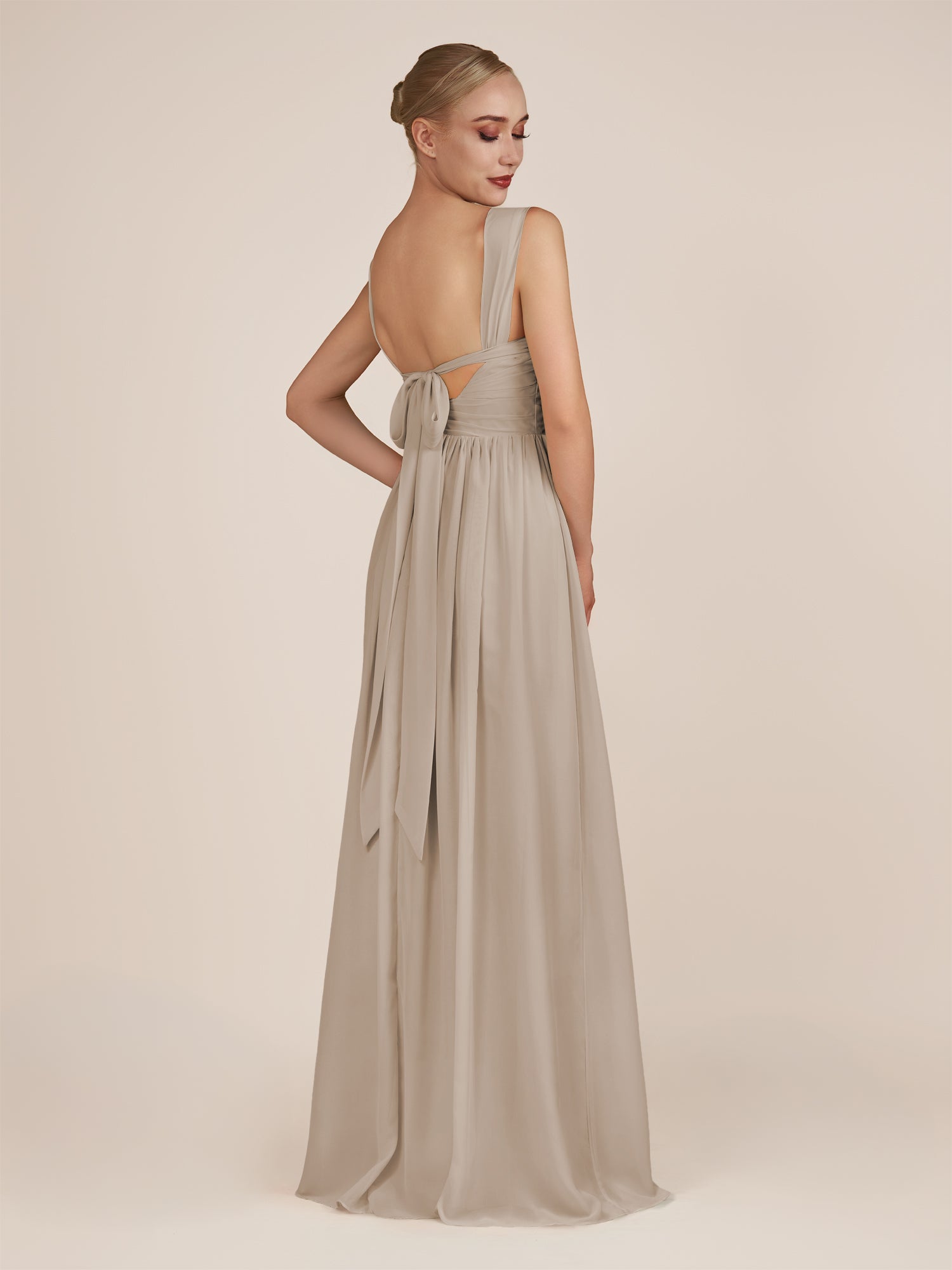 KissDress-Azura Almond A-Line V Neck Chiffon Pleated Long Bridesmaid Dress with Slit