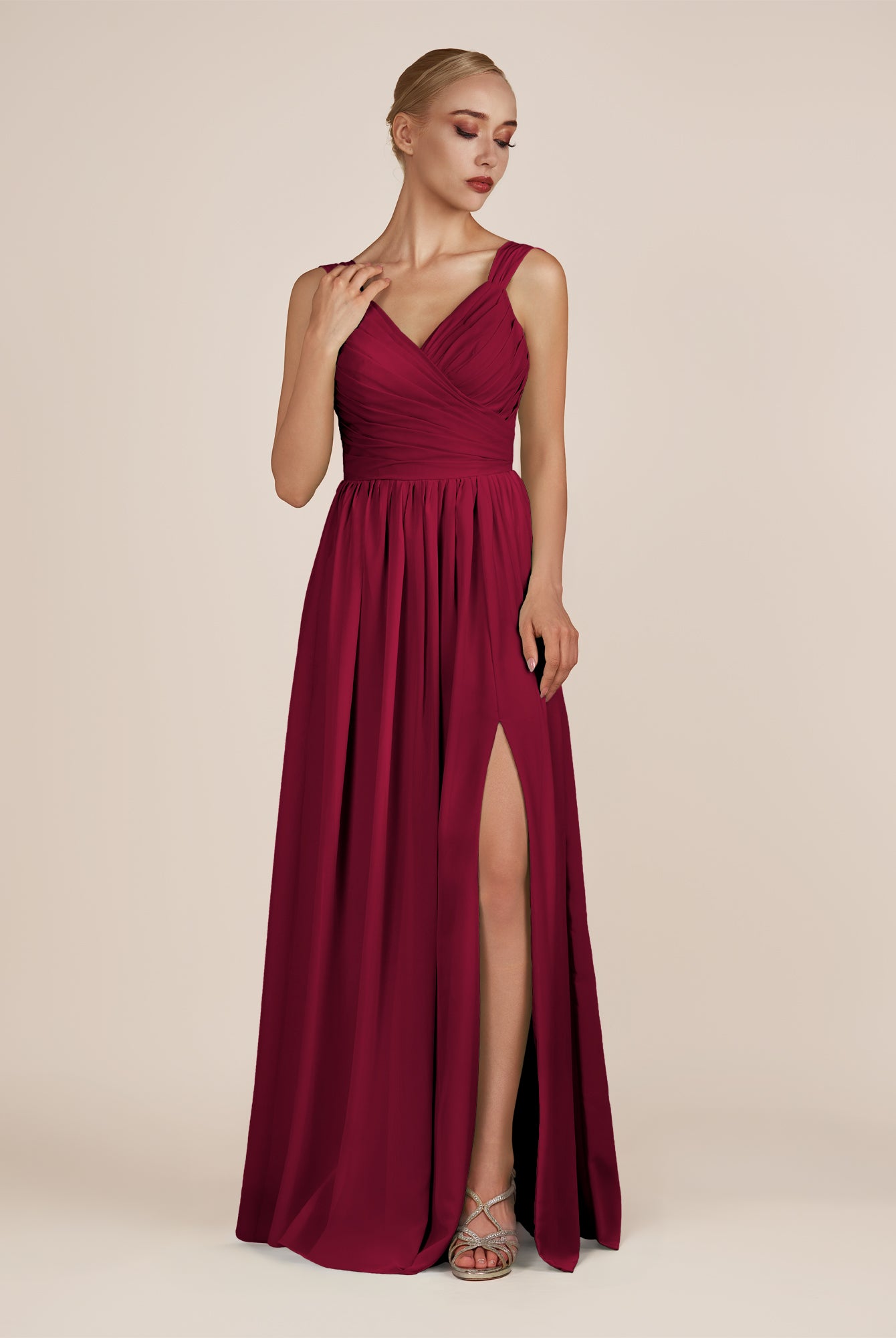 KissDress-Azura Berry A-Line V Neck Chiffon Pleated Long Bridesmaid Dress with Slit