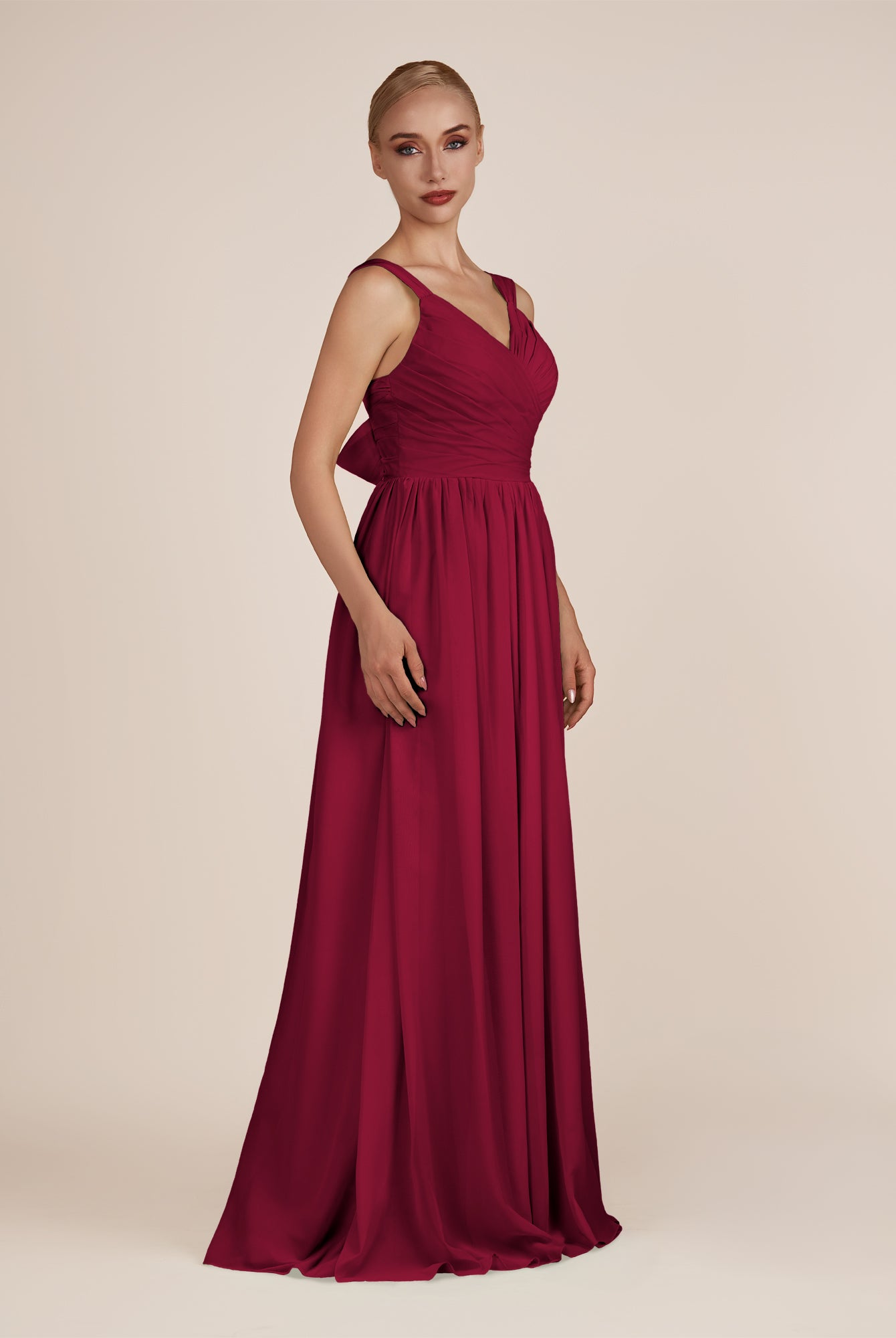 KissDress-Azura Berry A-Line V Neck Chiffon Pleated Long Bridesmaid Dress with Slit