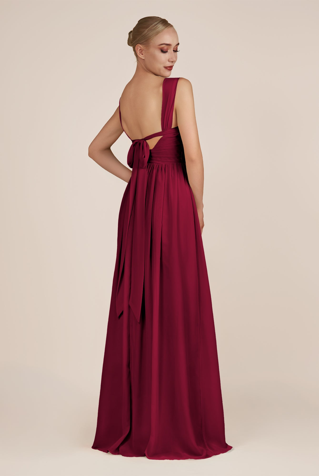 KissDress-Azura Berry A-Line V Neck Chiffon Pleated Long Bridesmaid Dress with Slit