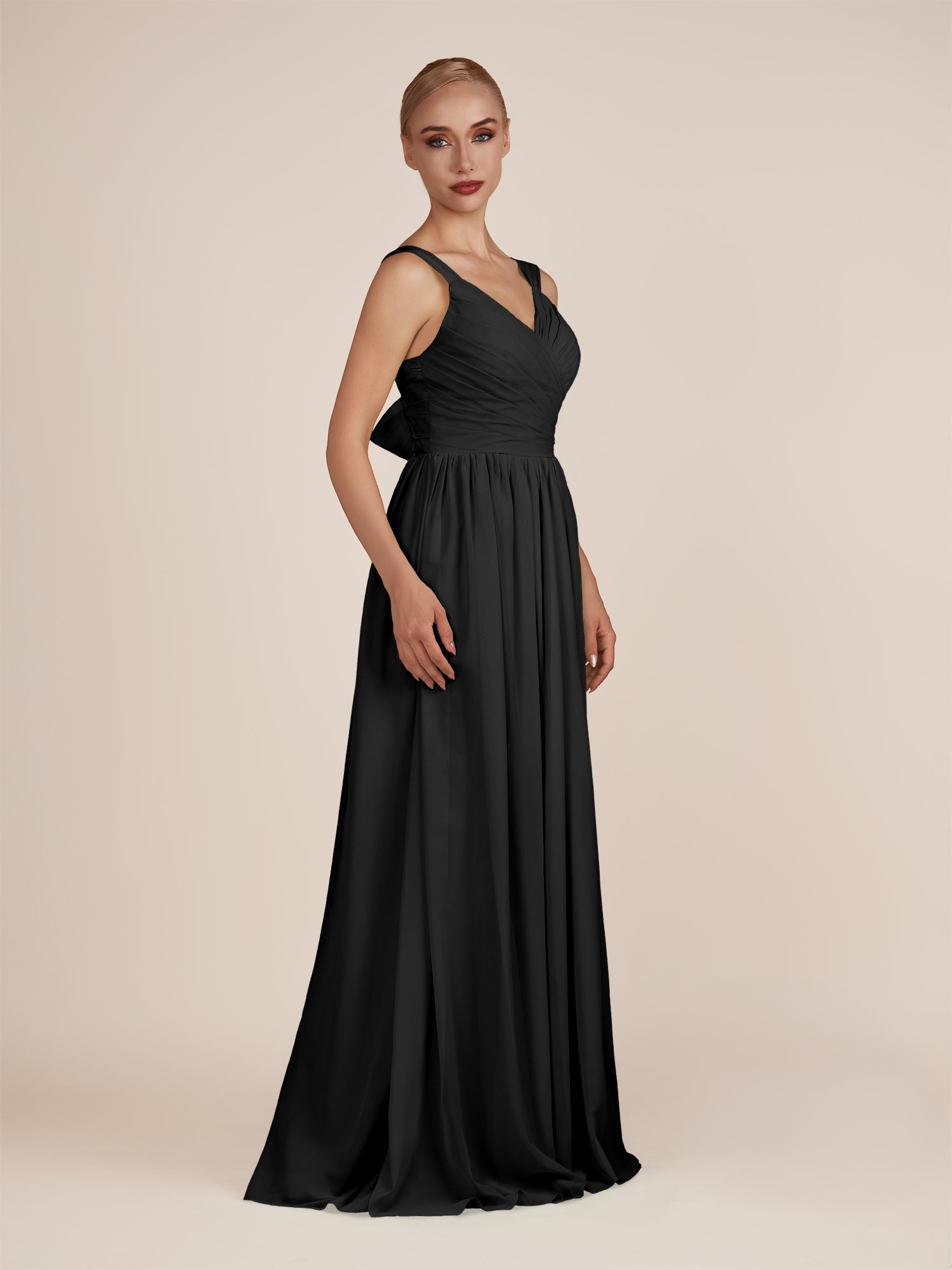KissDress-Azura Black A-Line V Neck Chiffon Pleated Long Bridesmaid Dress with Slit