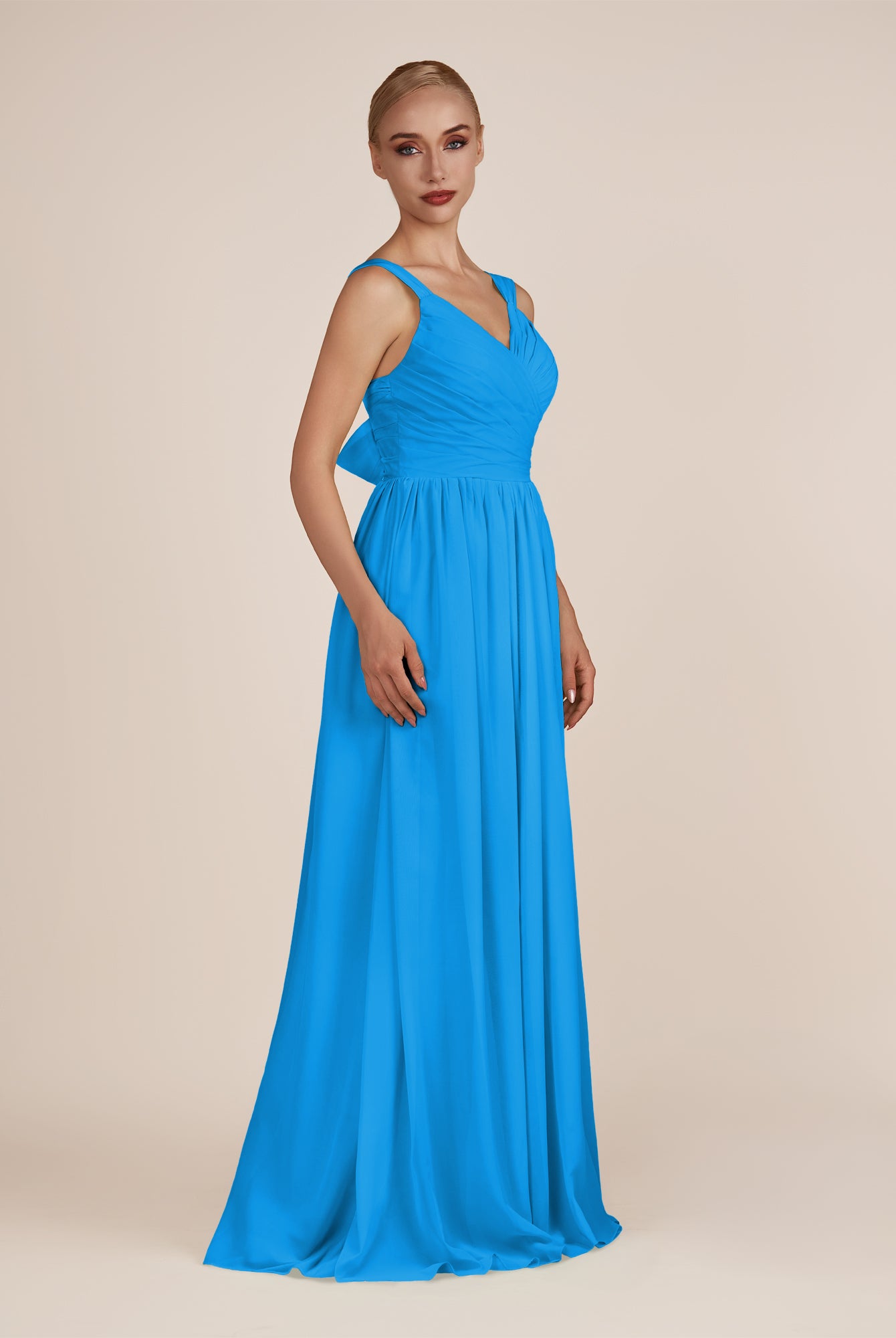 KissDress-Azura Blue Jay A-Line V Neck Chiffon Pleated Long Bridesmaid Dress with Slit