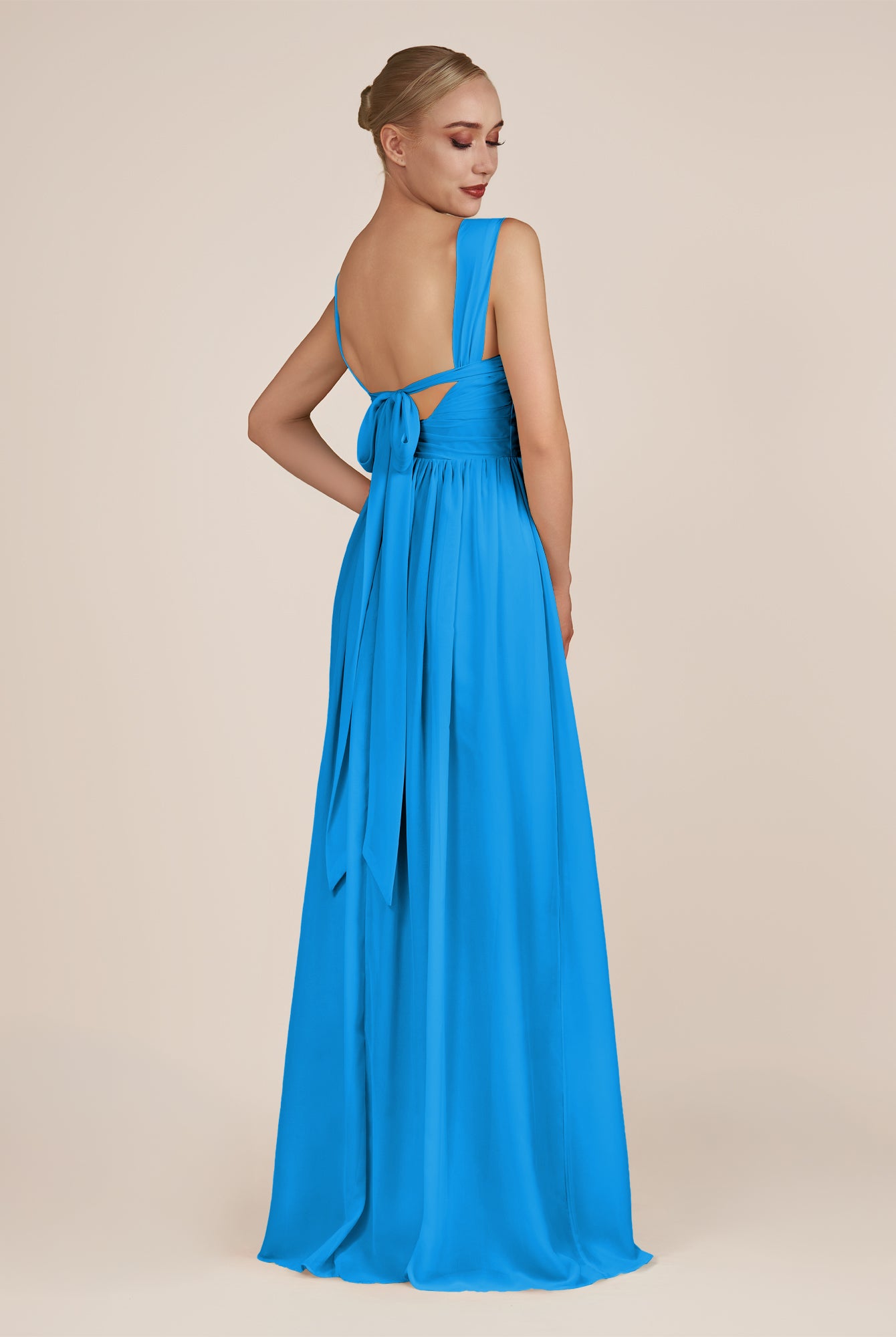 KissDress-Azura Blue Jay A-Line V Neck Chiffon Pleated Long Bridesmaid Dress with Slit