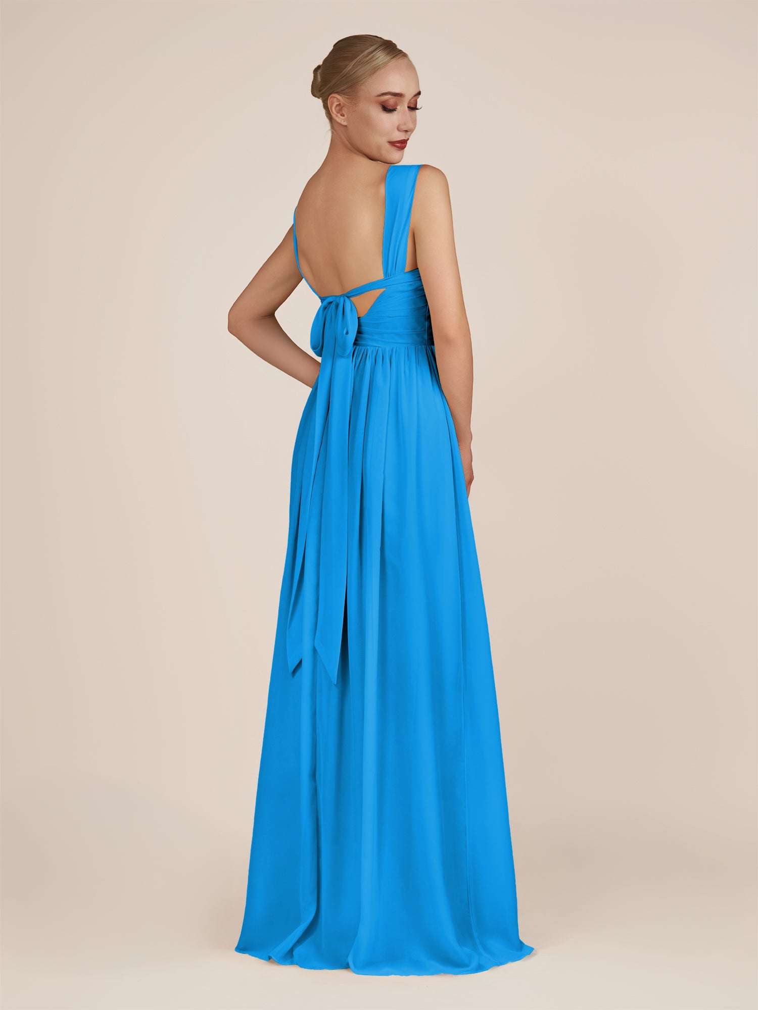 KissDress-Azura Blue Jay A-Line V Neck Chiffon Pleated Long Bridesmaid Dress with Slit