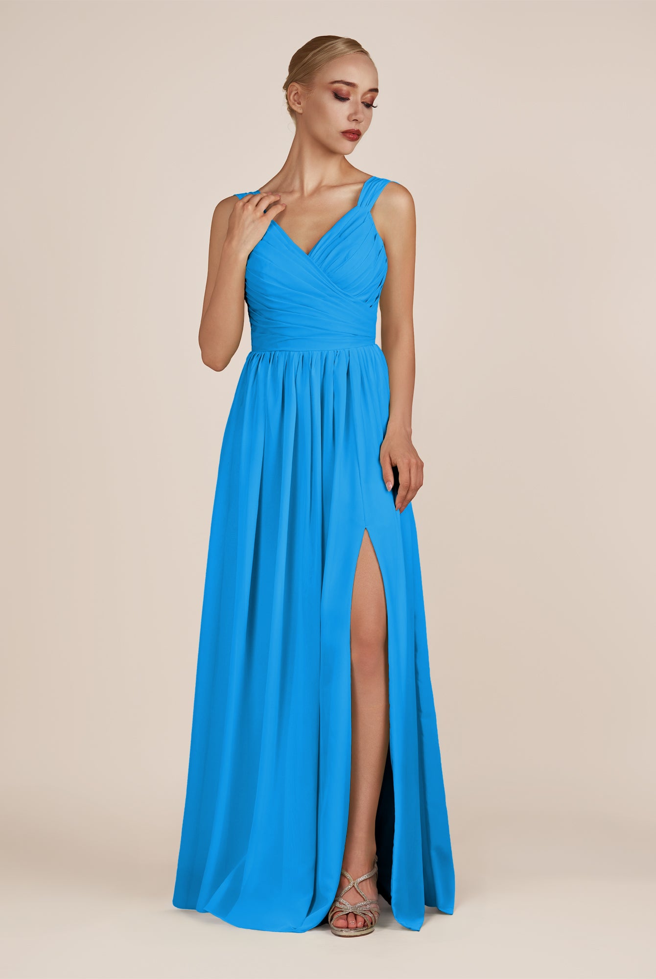KissDress-Azura Blue Jay A-Line V Neck Chiffon Pleated Long Bridesmaid Dress with Slit