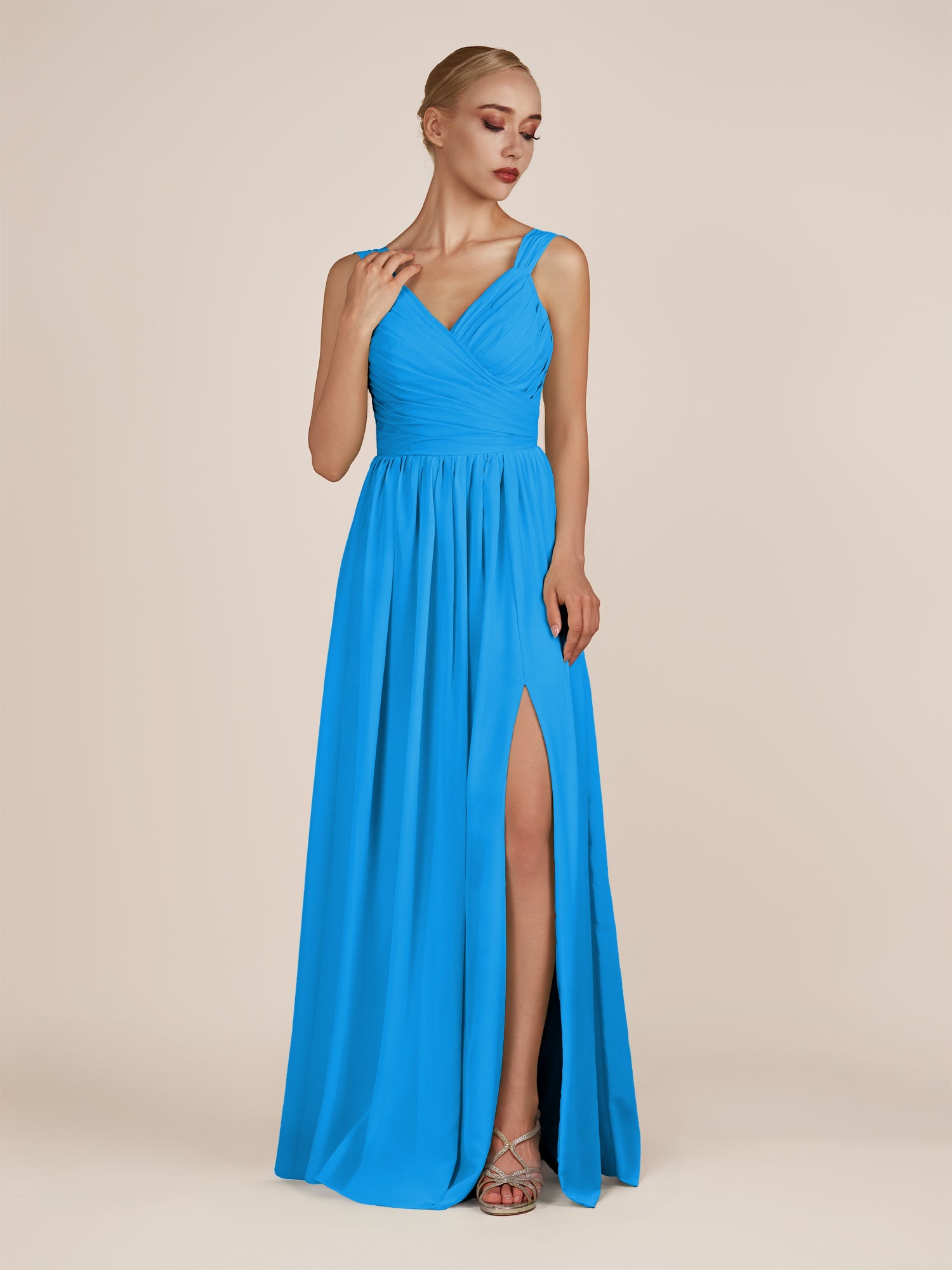 KissDress-Azura Blue Jay A-Line V Neck Chiffon Pleated Long Bridesmaid Dress with Slit