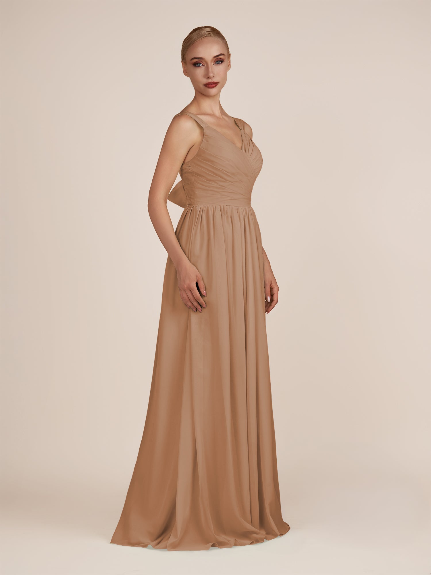 KissDress-Azura Bronzer A-Line V Neck Chiffon Pleated Long Bridesmaid Dress with Slit