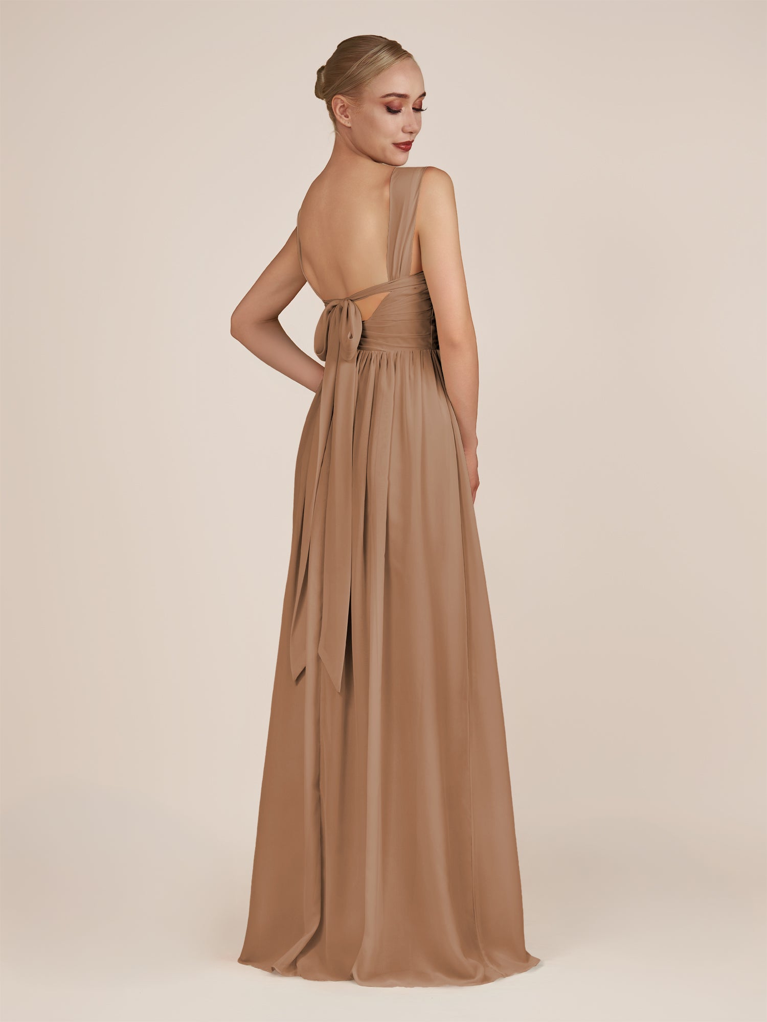 KissDress-Azura Bronzer A-Line V Neck Chiffon Pleated Long Bridesmaid Dress with Slit