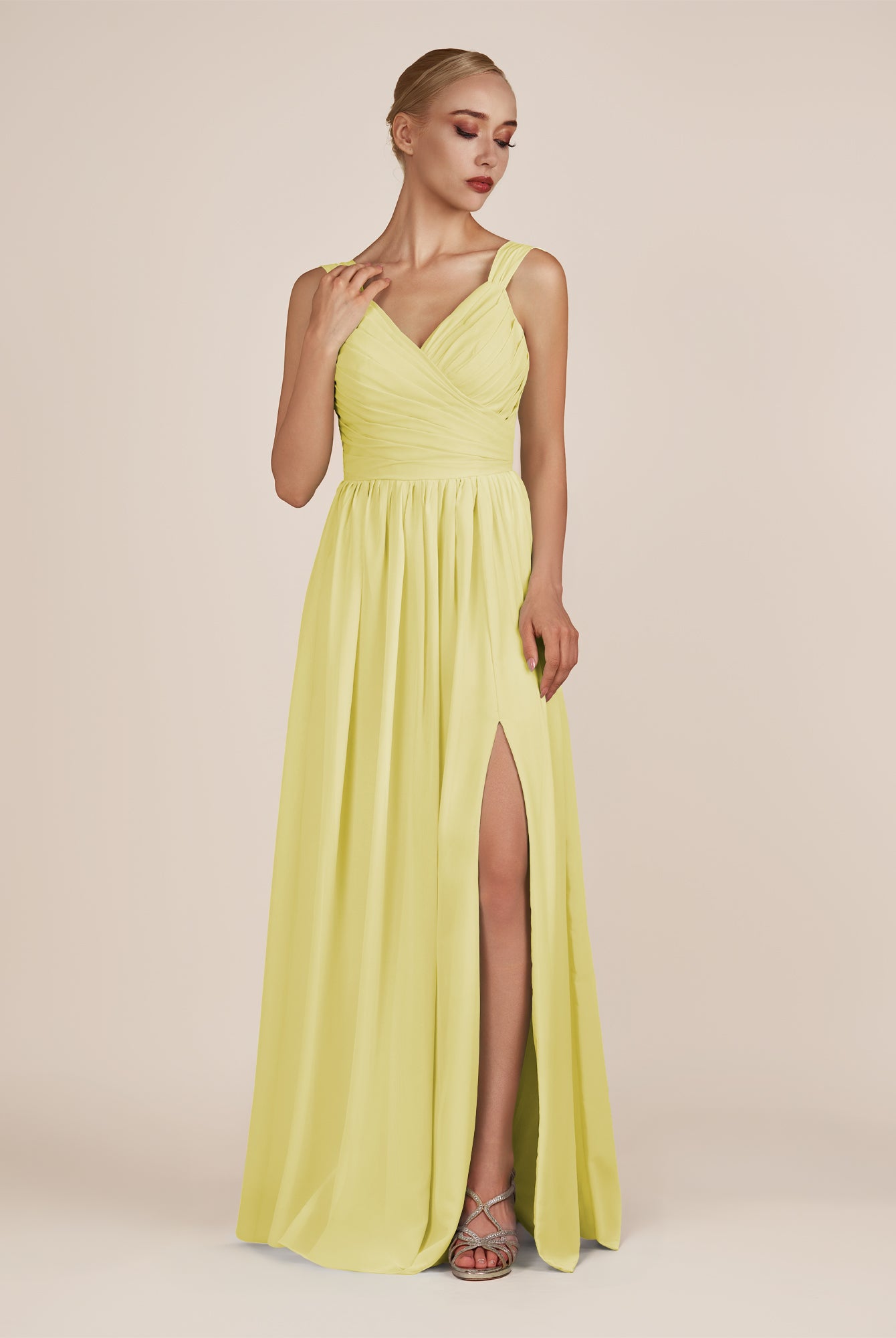 KissDress-Azura Buttercup A-Line V Neck Chiffon Pleated Long Bridesmaid Dress with Slit