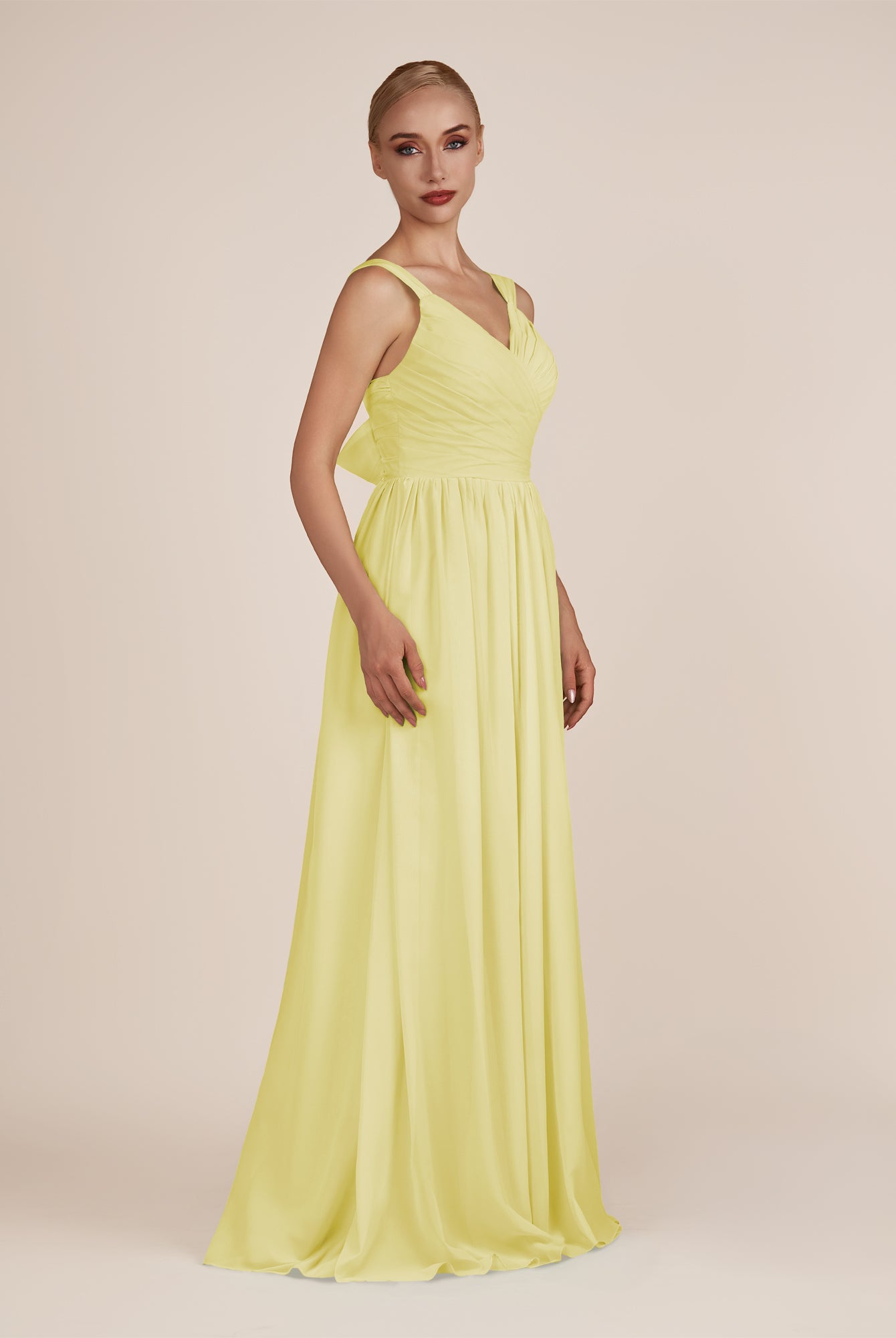 KissDress-Azura Buttercup A-Line V Neck Chiffon Pleated Long Bridesmaid Dress with Slit