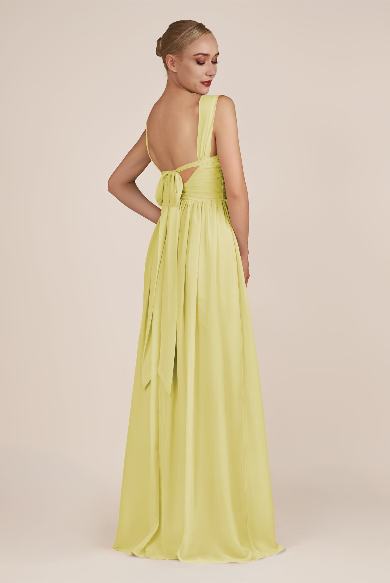 KissDress-Azura Buttercup A-Line V Neck Chiffon Pleated Long Bridesmaid Dress with Slit