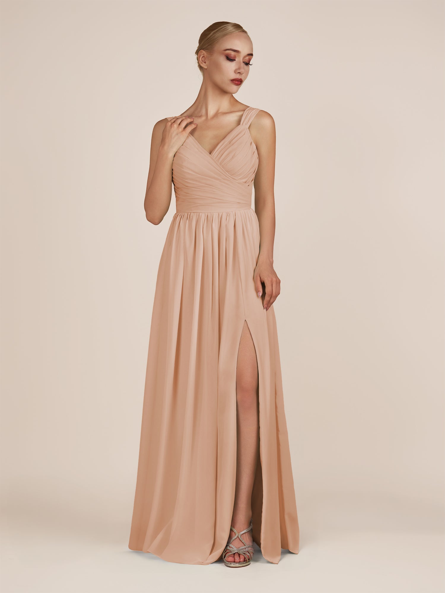 KissDress-Azura Champagne Rose A-Line V Neck Chiffon Pleated Long Bridesmaid Dress with Slit
