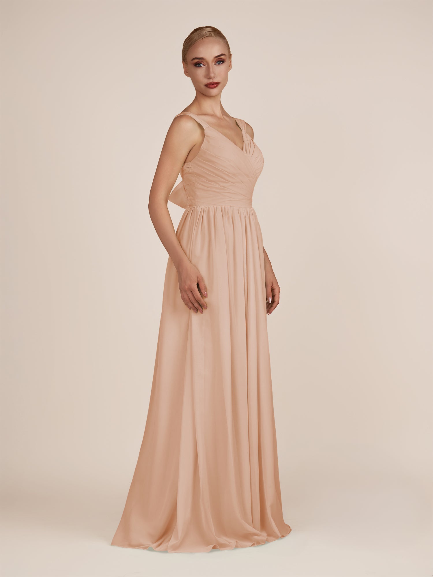 KissDress-Azura Champagne Rose A-Line V Neck Chiffon Pleated Long Bridesmaid Dress with Slit