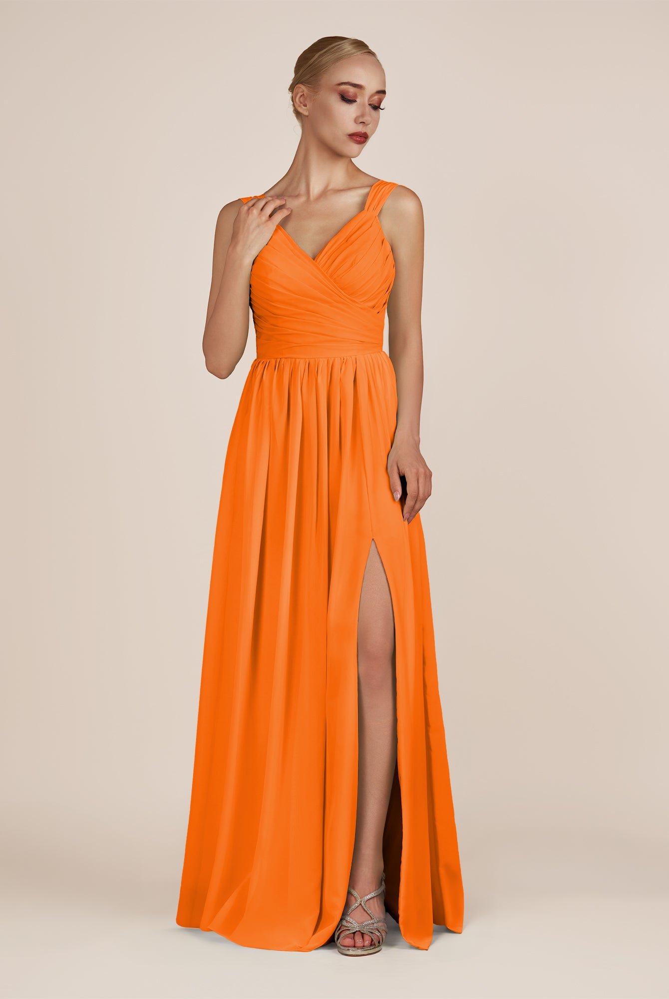 KissDress-Azura Cinnamon A-Line V Neck Chiffon Pleated Long Bridesmaid Dress with Slit