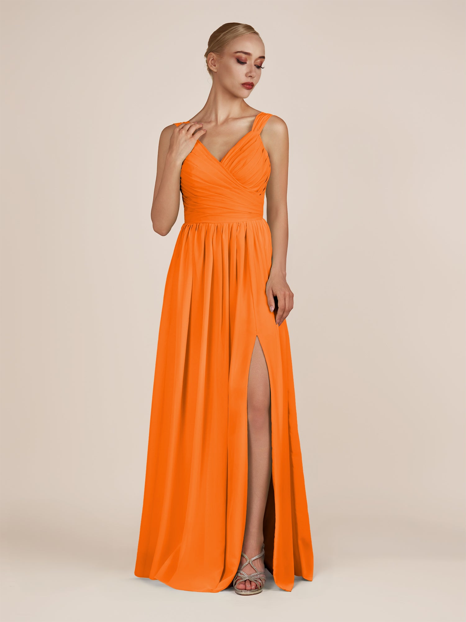 KissDress-Azura Cinnamon A-Line V Neck Chiffon Pleated Long Bridesmaid Dress with Slit