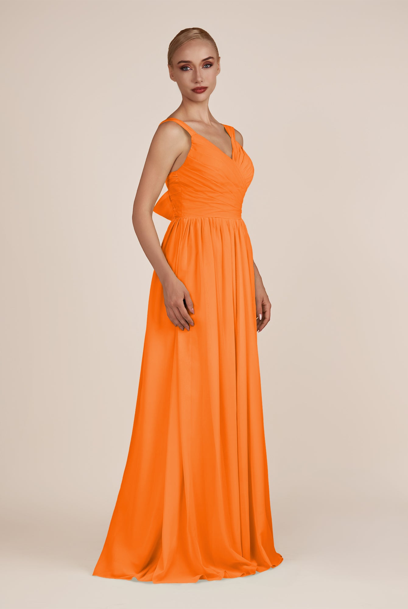 KissDress-Azura Cinnamon A-Line V Neck Chiffon Pleated Long Bridesmaid Dress with Slit