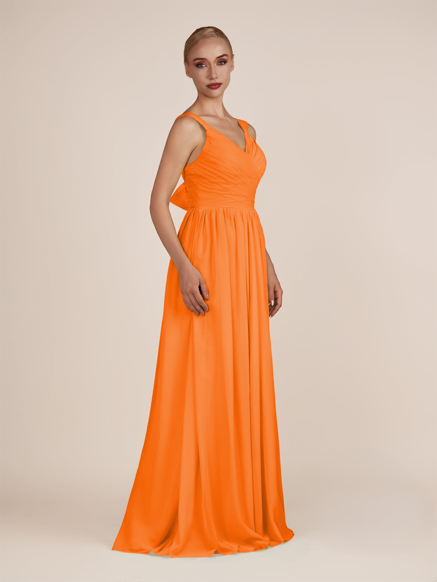 KissDress-Azura Cinnamon A-Line V Neck Chiffon Pleated Long Bridesmaid Dress with Slit
