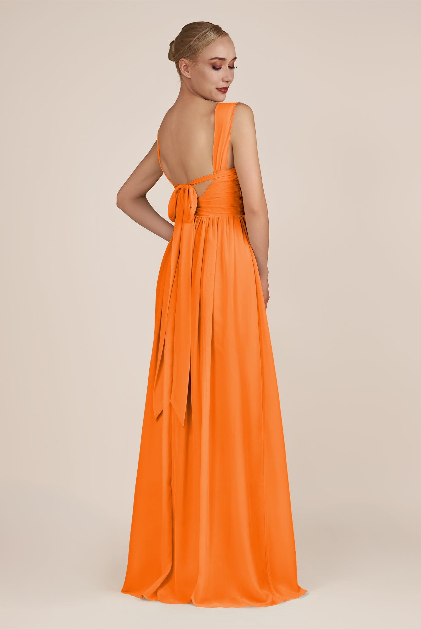 KissDress-Azura Cinnamon A-Line V Neck Chiffon Pleated Long Bridesmaid Dress with Slit