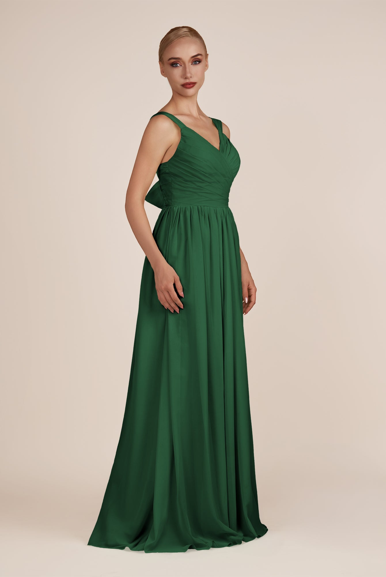 KissDress-Azura Dark Green A-Line V Neck Chiffon Pleated Long Bridesmaid Dress with Slit