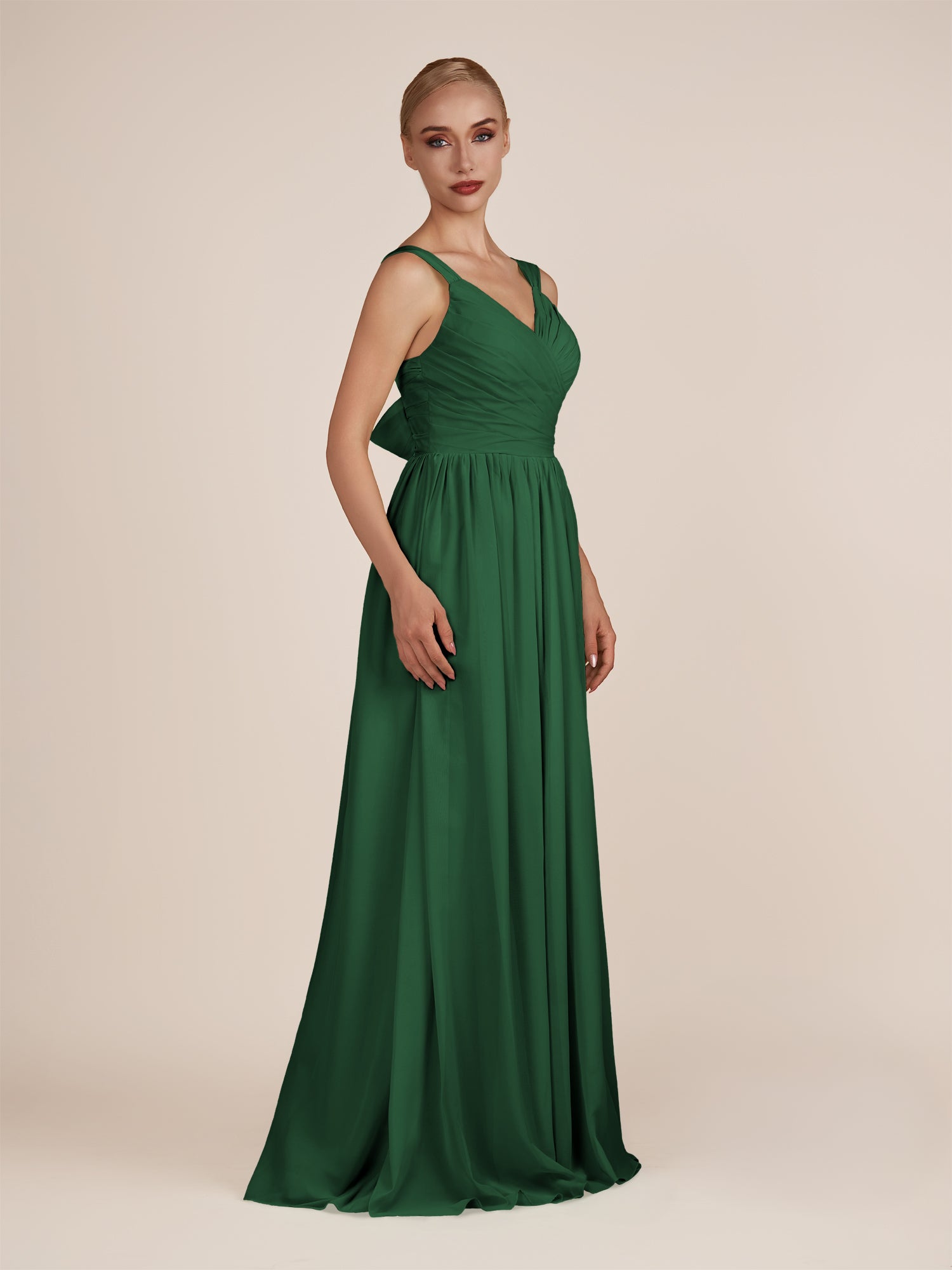 KissDress-Azura Dark Green A-Line V Neck Chiffon Pleated Long Bridesmaid Dress with Slit