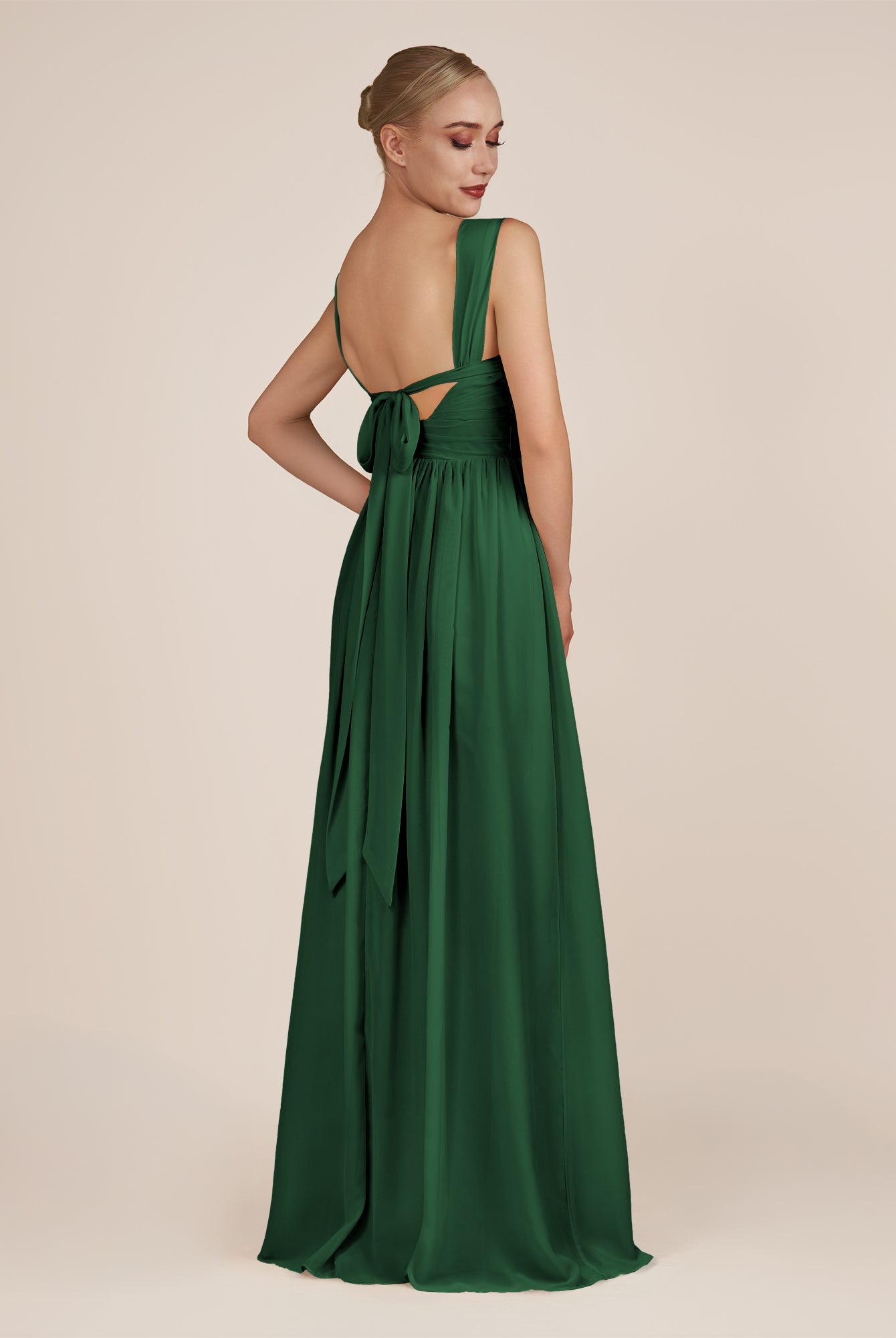 KissDress-Azura Dark Green A-Line V Neck Chiffon Pleated Long Bridesmaid Dress with Slit
