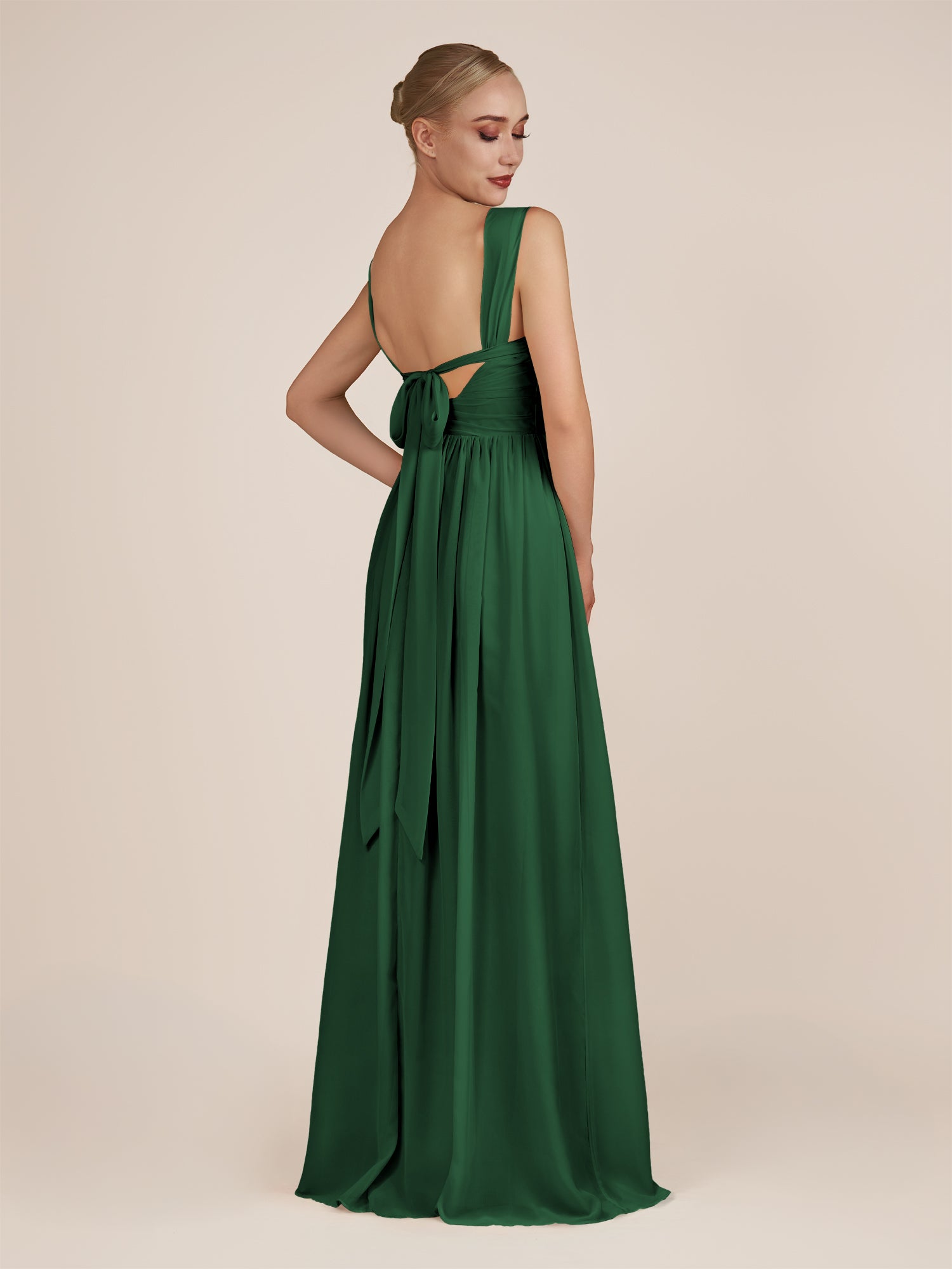 KissDress-Azura Dark Green A-Line V Neck Chiffon Pleated Long Bridesmaid Dress with Slit
