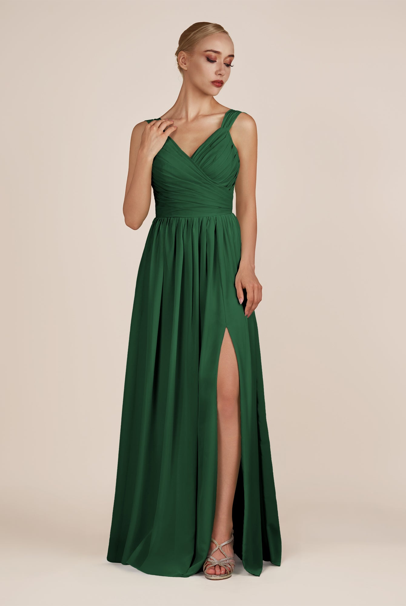 KissDress-Azura Dark Green A-Line V Neck Chiffon Pleated Long Bridesmaid Dress with Slit