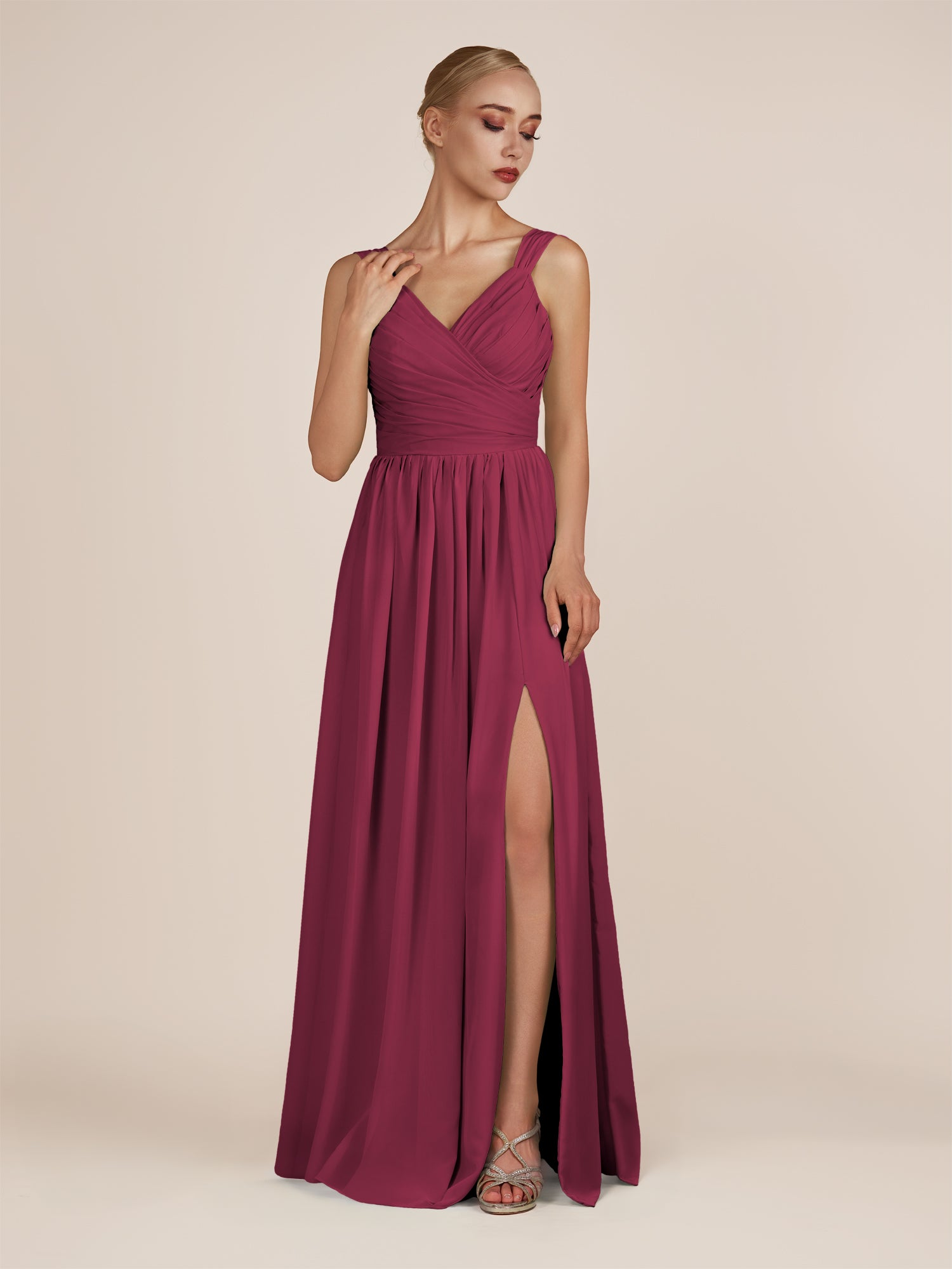 KissDress-Azura Desert Rose A-Line V Neck Chiffon Pleated Long Bridesmaid Dress with Slit