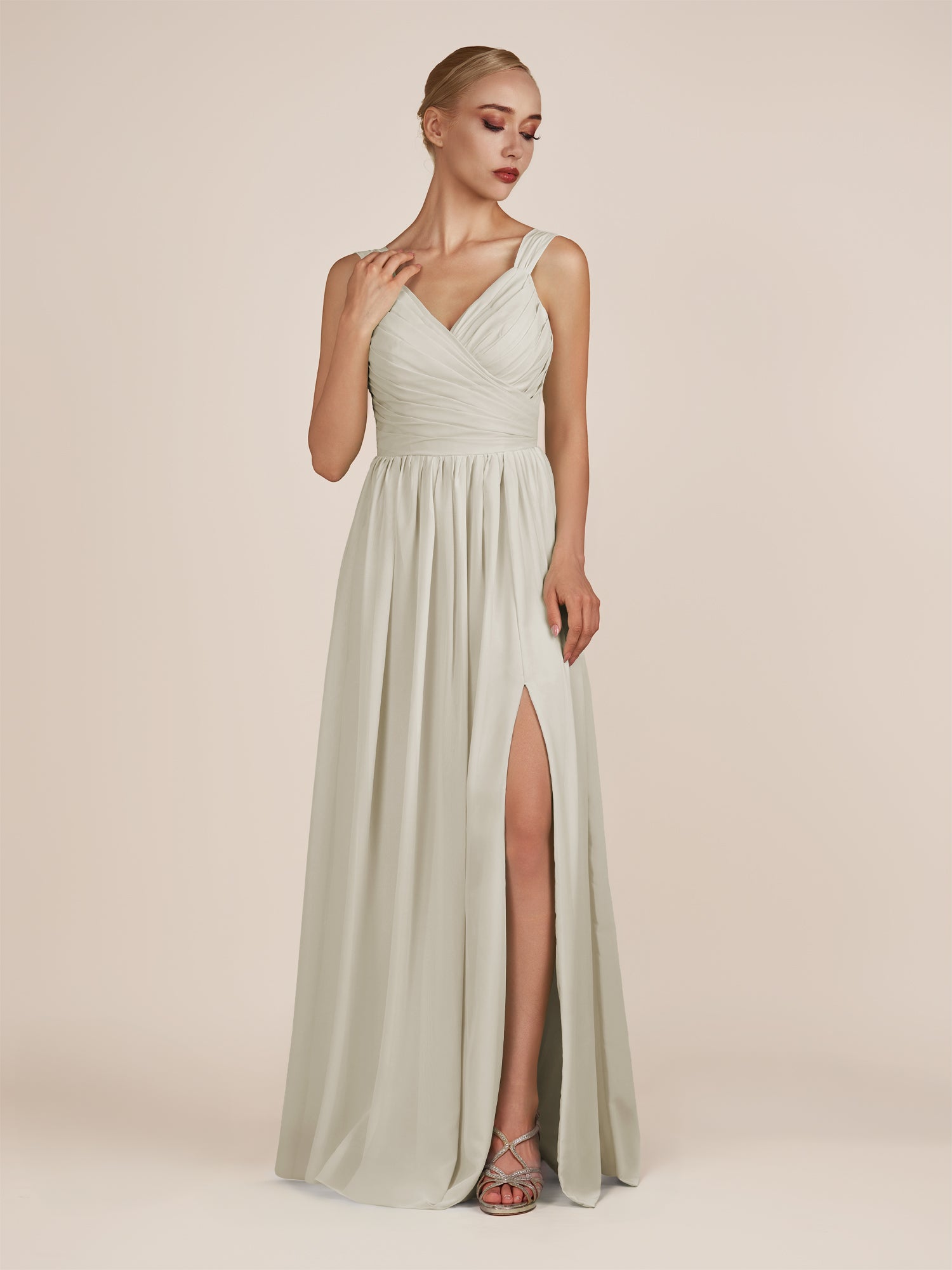 KissDress-Azura Dove Gray A-Line V Neck Chiffon Pleated Long Bridesmaid Dress with Slit