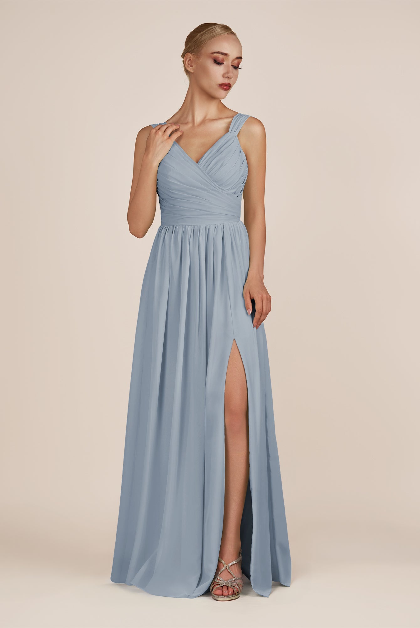 KissDress-Azura Dusty Blue A-Line V Neck Chiffon Pleated Long Bridesmaid Dress with Slit