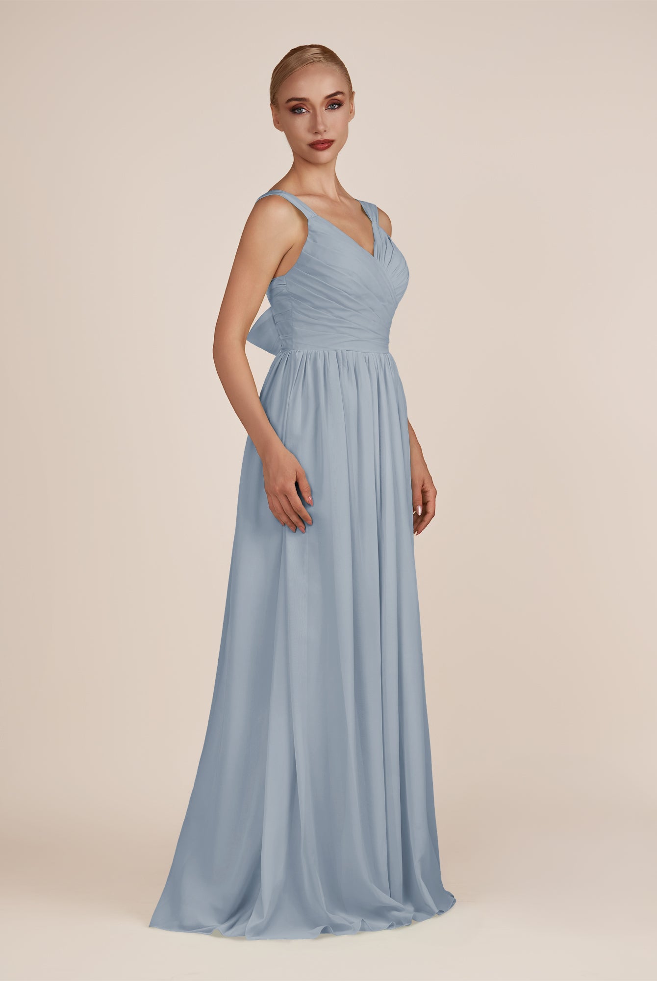 KissDress-Azura Dusty Blue A-Line V Neck Chiffon Pleated Long Bridesmaid Dress with Slit