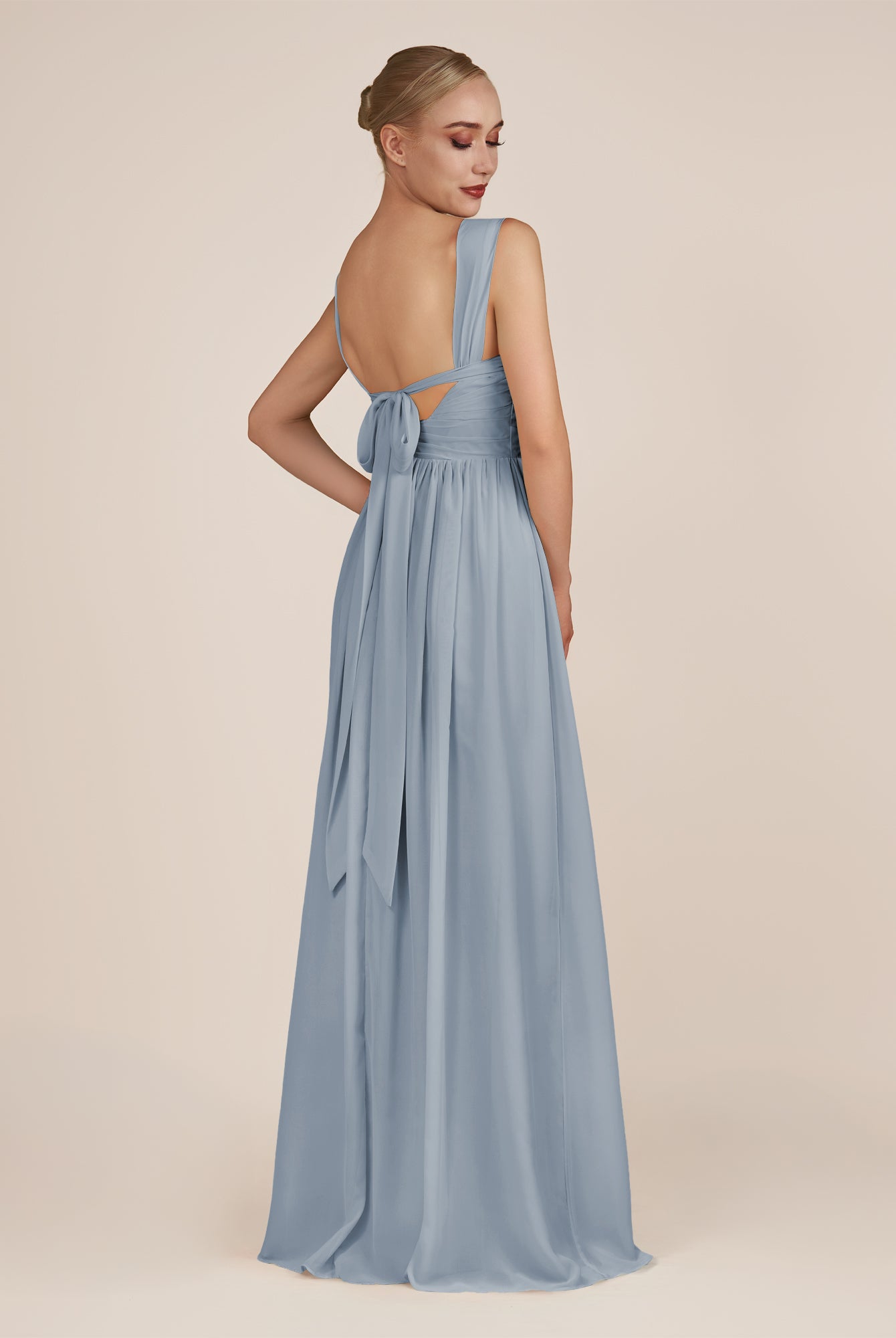 KissDress-Azura Dusty Blue A-Line V Neck Chiffon Pleated Long Bridesmaid Dress with Slit