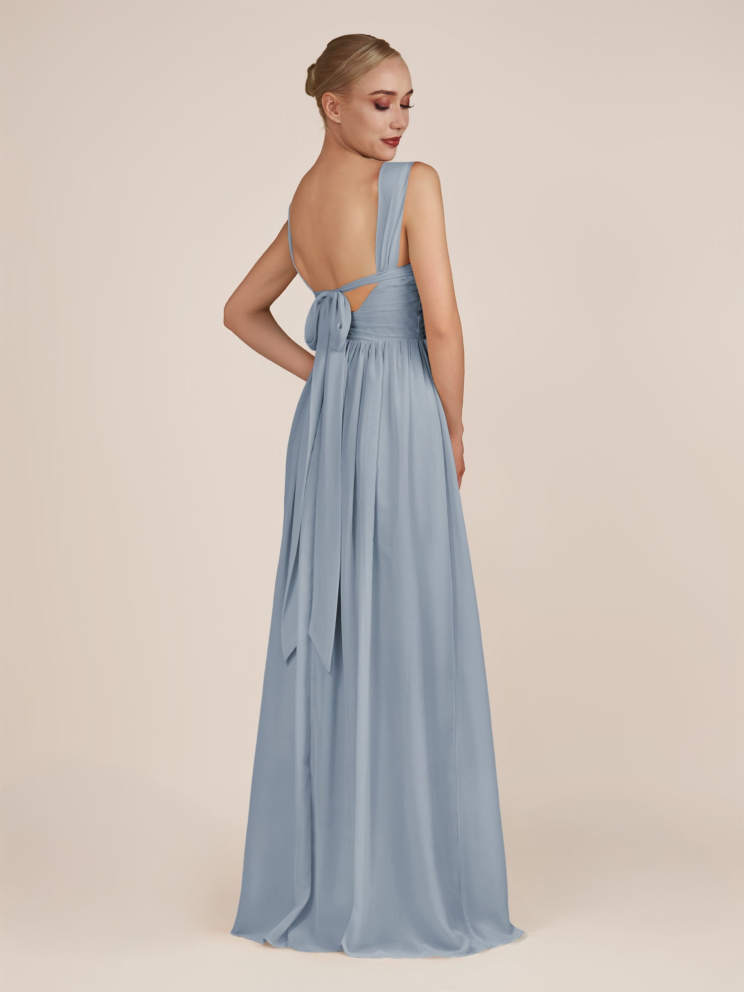 KissDress-Azura Dusty Blue A-Line V Neck Chiffon Pleated Long Bridesmaid Dress with Slit