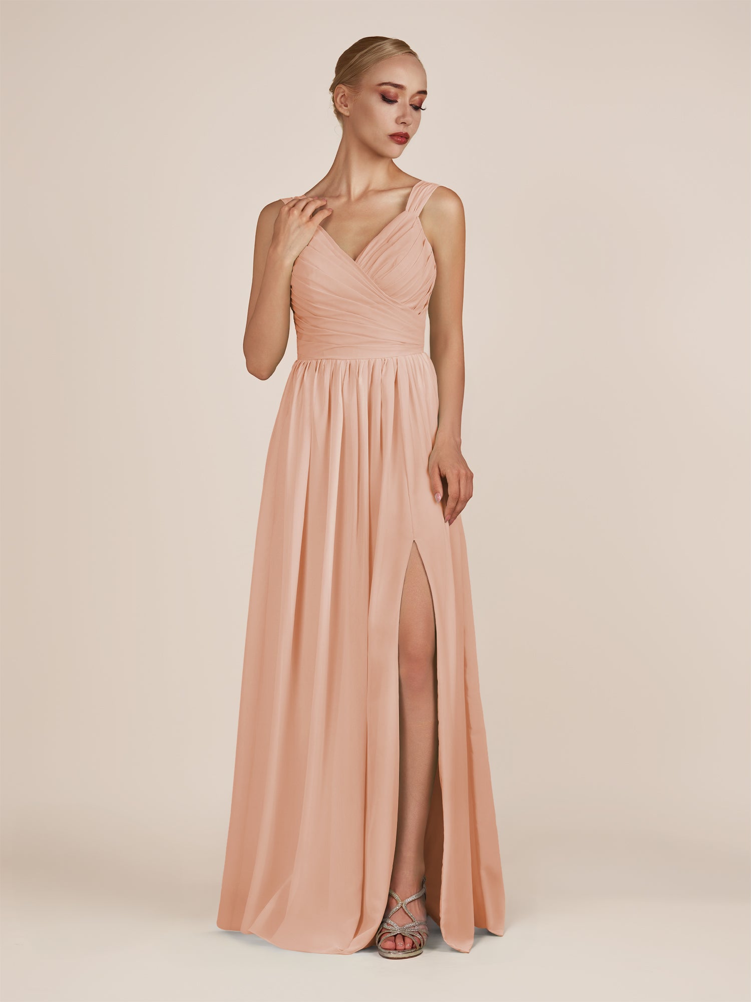 KissDress-Azura English Rose A-Line V Neck Chiffon Pleated Long Bridesmaid Dress with Slit