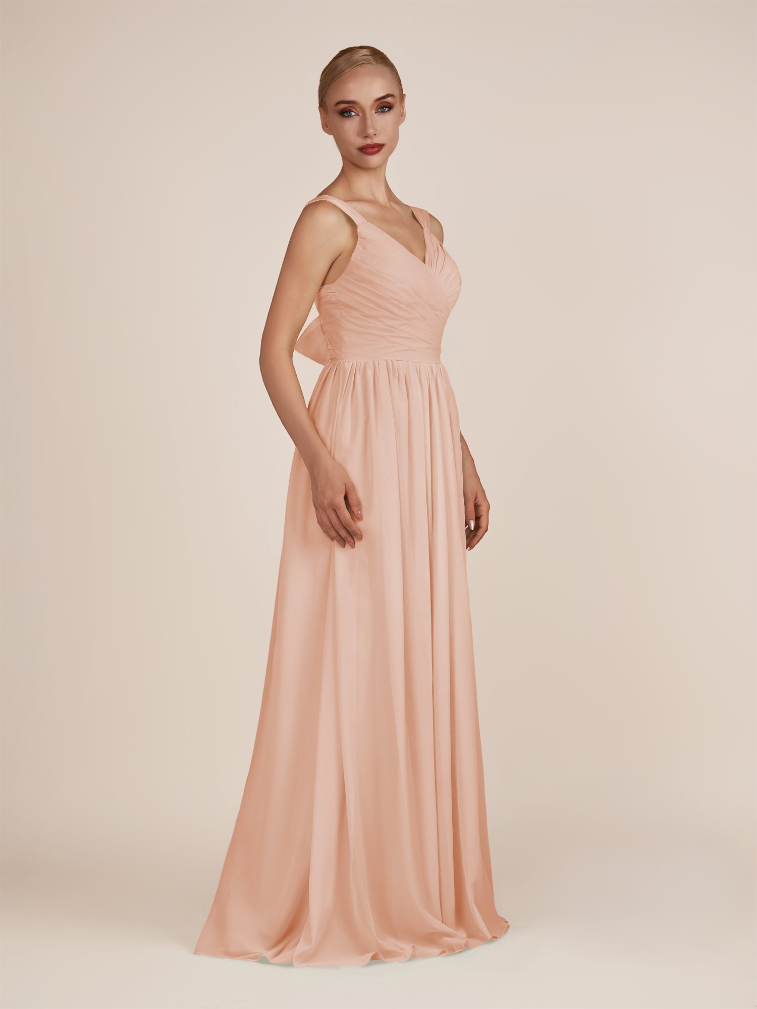 KissDress-Azura English Rose A-Line V Neck Chiffon Pleated Long Bridesmaid Dress with Slit