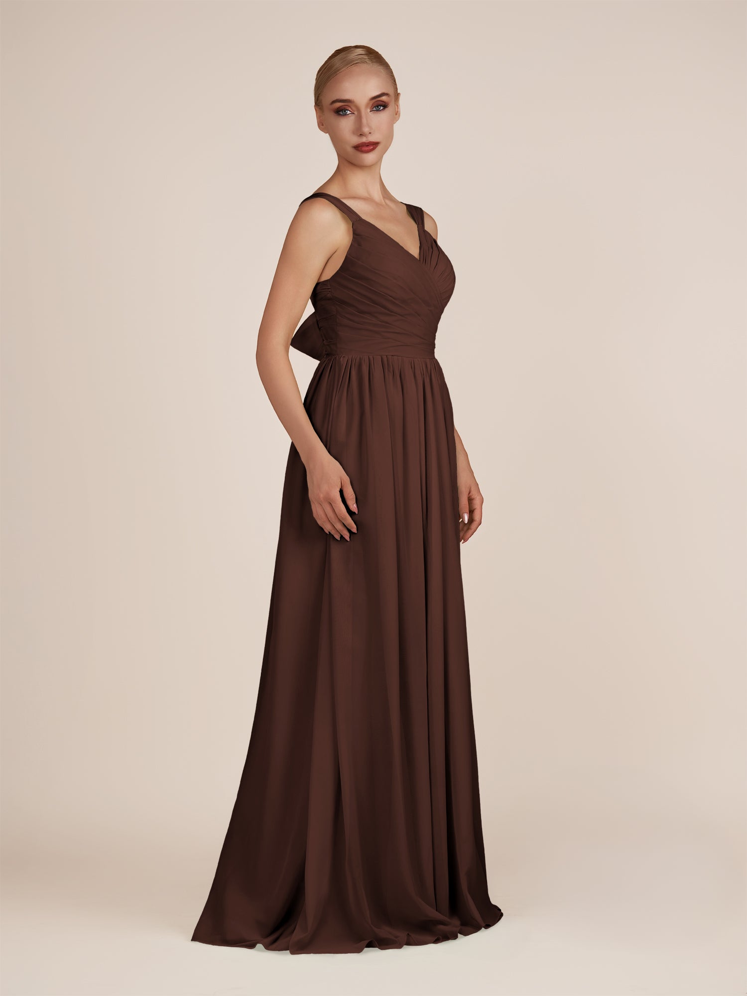 KissDress-Azura Espresso A-Line V Neck Chiffon Pleated Long Bridesmaid Dress with Slit